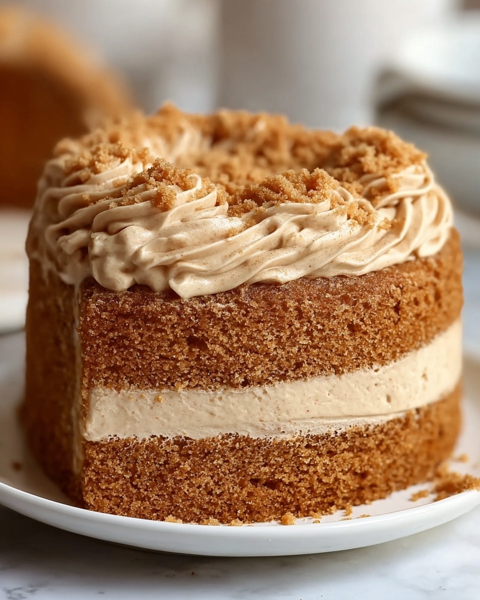 A close-up of a two-layer cake slice on a white plate, each layer of cake is light brown and crumbly with a thick middle layer of smooth beige frosting. The cake is fully covered in the same frosting, with a generous swirl of frosting on top, sprinkled with crumbly light brown bits. The background features a soft, out-of-focus white marbled texture. photo taken with an iphone --ar 4:5 --v 7