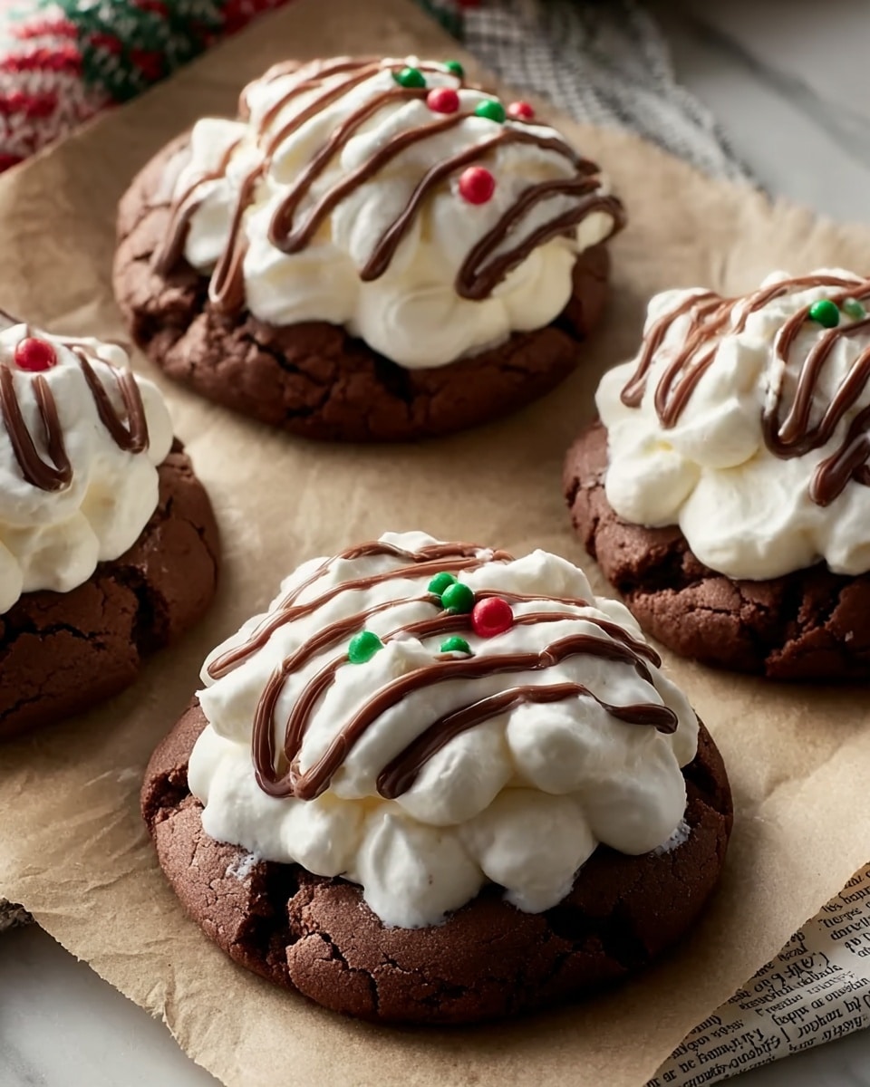 The image shows four soft, round chocolate cookies placed on a piece of parchment paper over a white marbled surface. Each cookie is thick and dark brown with a slightly cracked texture on the edges. On top of each cookie is a fluffy, white whipped cream layer shaped in soft peaks, covering most of the cookie surface. Drizzled over the whipped cream are thin lines of smooth, shiny chocolate sauce. Small, round red and green sprinkles are scattered on top of the whipped cream and around the cookies, adding a festive touch. The scene is lit warmly, highlighting the textures and colors of the cookies and toppings. photo taken with an iphone --ar 4:5 --v 7