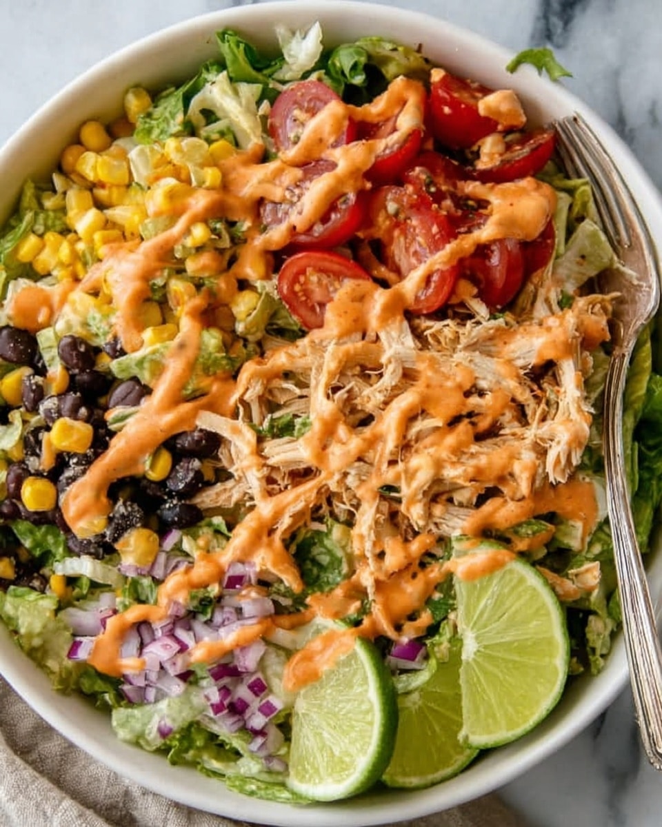 A white bowl filled with a colorful salad layered with fresh green lettuce at the base, topped with bright red cherry tomato halves, black beans, yellow corn kernels, and thin slices of red onion scattered throughout. There is shredded, light brown chicken spread evenly on top, and the dish is finished with a generous drizzle of creamy orange dressing across the surface. Two lime wedges are placed on the side inside the bowl, and a silver fork rests partially in the salad. The bowl sits on a white marbled surface. Photo taken with an iphone --ar 4:5 --v 7