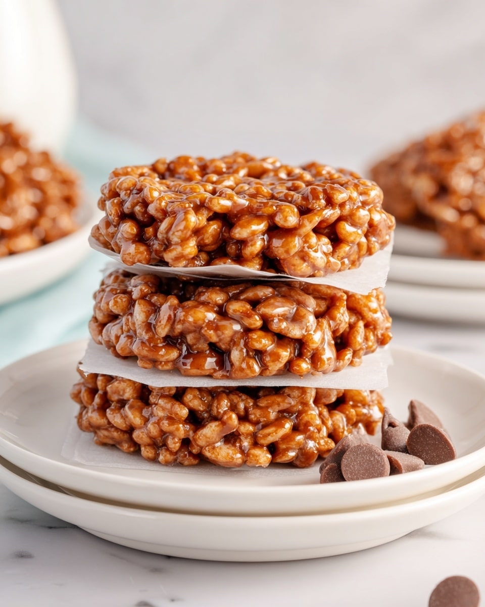 A stack of three round chocolate rice crispy treats is centered on a set of white plates, each treat separated by a thin layer of white parchment paper. The treats have a shiny, caramel-colored glaze coating the puffed rice, creating a textured and slightly sticky appearance. Small, dark brown chocolate chips sit beside the stack on the plate. The background is a soft focus with a white marbled texture, highlighting the glossy and crunchy texture of the treats. photo taken with an iphone --ar 4:5 --v 7