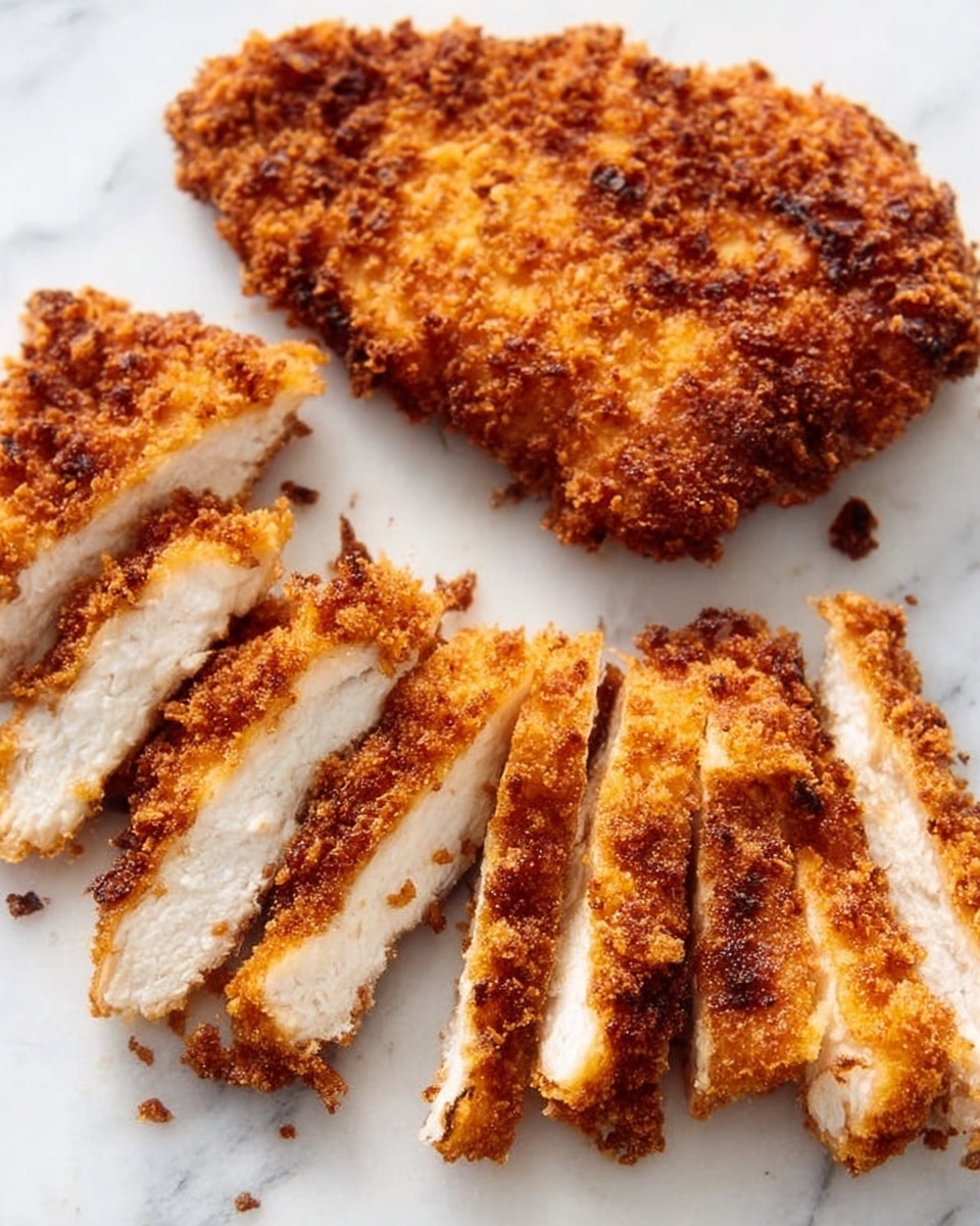 The image shows a breaded fried chicken breast, golden brown and crispy on the outside, placed on a flat surface with a white marbled texture. Next to the whole piece, there are several slices of the chicken arranged in a row, showing the inside which is white and tender. The crispy coating has a rough texture with some darker toasted spots, contrasting with the smooth, light-colored meat inside. Photo taken with an iphone --ar 4:5 --v 7