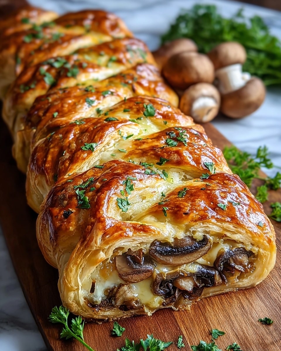 A golden-brown braided pastry with about five visible layers of crispy, flaky dough woven on top, showing a glossy, slightly shiny surface with small herbs sprinkled over it. Inside, creamy melted cheese blends with soft, light brown and beige sliced mushrooms packed tightly, visible through the braided top openings. The pastry sits on a wooden board, surrounded by two whole mushrooms and some fresh green herbs in the background, all softly out of focus, on a white marbled texture surface. photo taken with an iphone --ar 4:5 --v 7