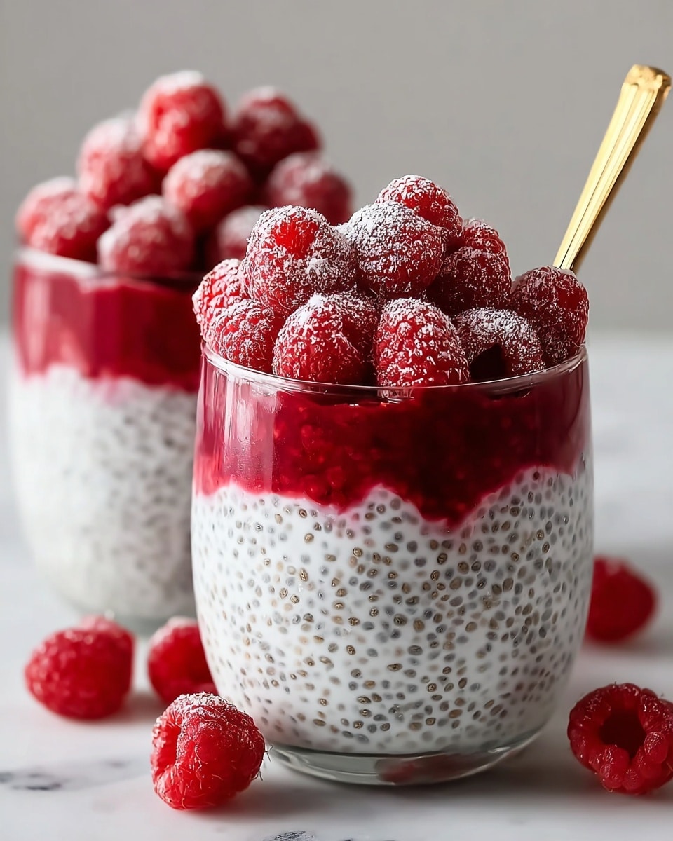 The image shows two clear glass cups filled with three visible layers. The bottom layer is white chia pudding with small black chia seeds evenly spread throughout, creating a textured look. The middle layer is a smooth, deep red raspberry puree that creates a vibrant contrast with the white pudding below it. The top layer is a heap of whole fresh raspberries, bright red and round with a slightly glossy surface, sprinkled lightly with white powdered sugar. One cup has a small golden spoon inserted on the right side. Several loose raspberries are scattered on a white marbled surface around the cups. photo taken with an iphone --ar 4:5 --v 7
