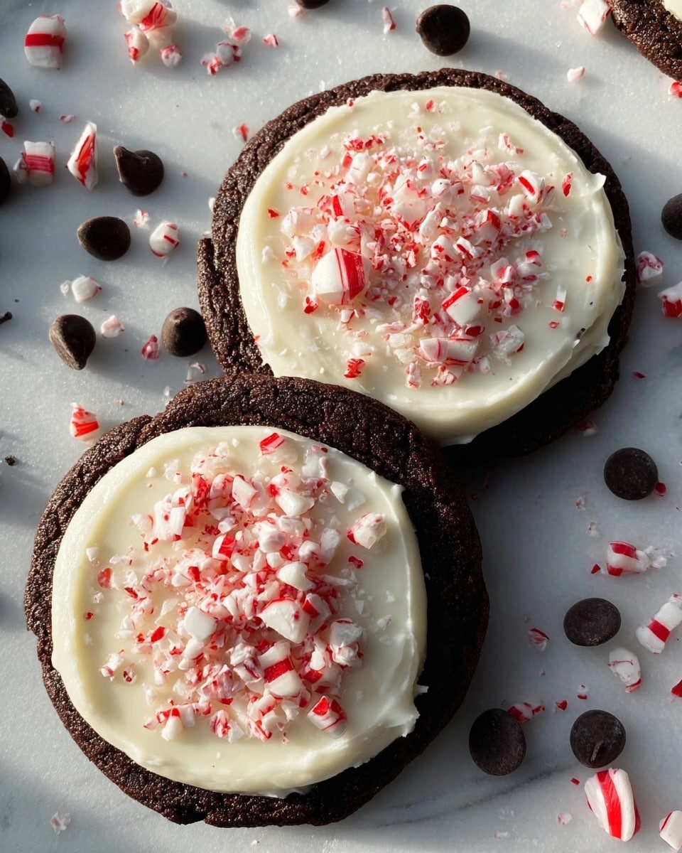 Two round chocolate cookies each have one thick layer of smooth, creamy white frosting spread evenly on top. On the frosting, there is a scattering of small, rough pieces of crushed red and white peppermint candy. The cookies rest on a surface with a white marbled texture, with extra peppermint pieces and dark chocolate chips scattered around. The cookies have a slightly crumbly texture on the edges and are under direct light, casting soft shadows. photo taken with an iphone --ar 4:5 --v 7