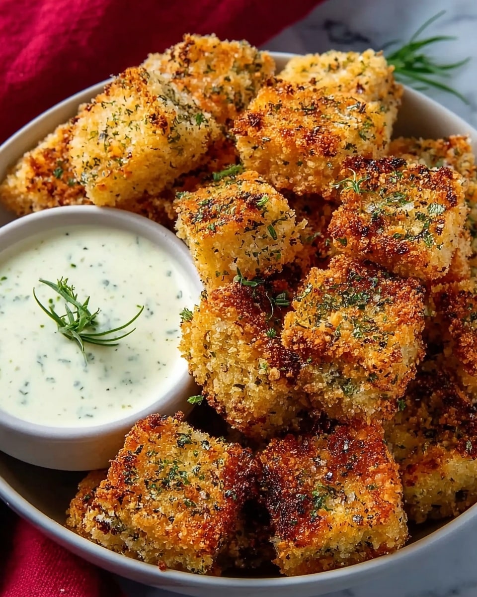 The image shows a close-up of many small, square-shaped crispy bites with a golden-brown, crunchy breadcrumb coating, sprinkled with green herb flakes, placed in a white bowl. The crispy squares have a rough texture and are stacked on top of each other, some garnished with small green herb sprigs. On one side of the bowl, there is a small white bowl filled with a smooth, white creamy sauce with bits of herbs inside and a small herb sprig on top. The dish is set on a white marbled surface with a red cloth partially visible in the background. Photo taken with an iphone --ar 4:5 --v 7
