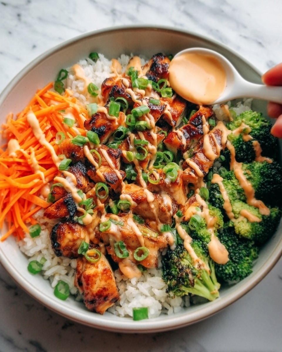 A white bowl filled with a colorful layered meal sits on a white marbled surface. The base layer is white rice, topped with grilled chicken pieces glazed in a shiny brown sauce, arranged in the center. To the left of the chicken, there are fine strips of bright orange carrots, and to the right, small, vibrant green broccoli florets. Thin green onion slices are sprinkled over the chicken, and a creamy light orange sauce is drizzled in thin lines across the top. A woman's hand holds a white spoon dipping into the bowl from the right side. Photo taken with an iphone --ar 4:5 --v 7