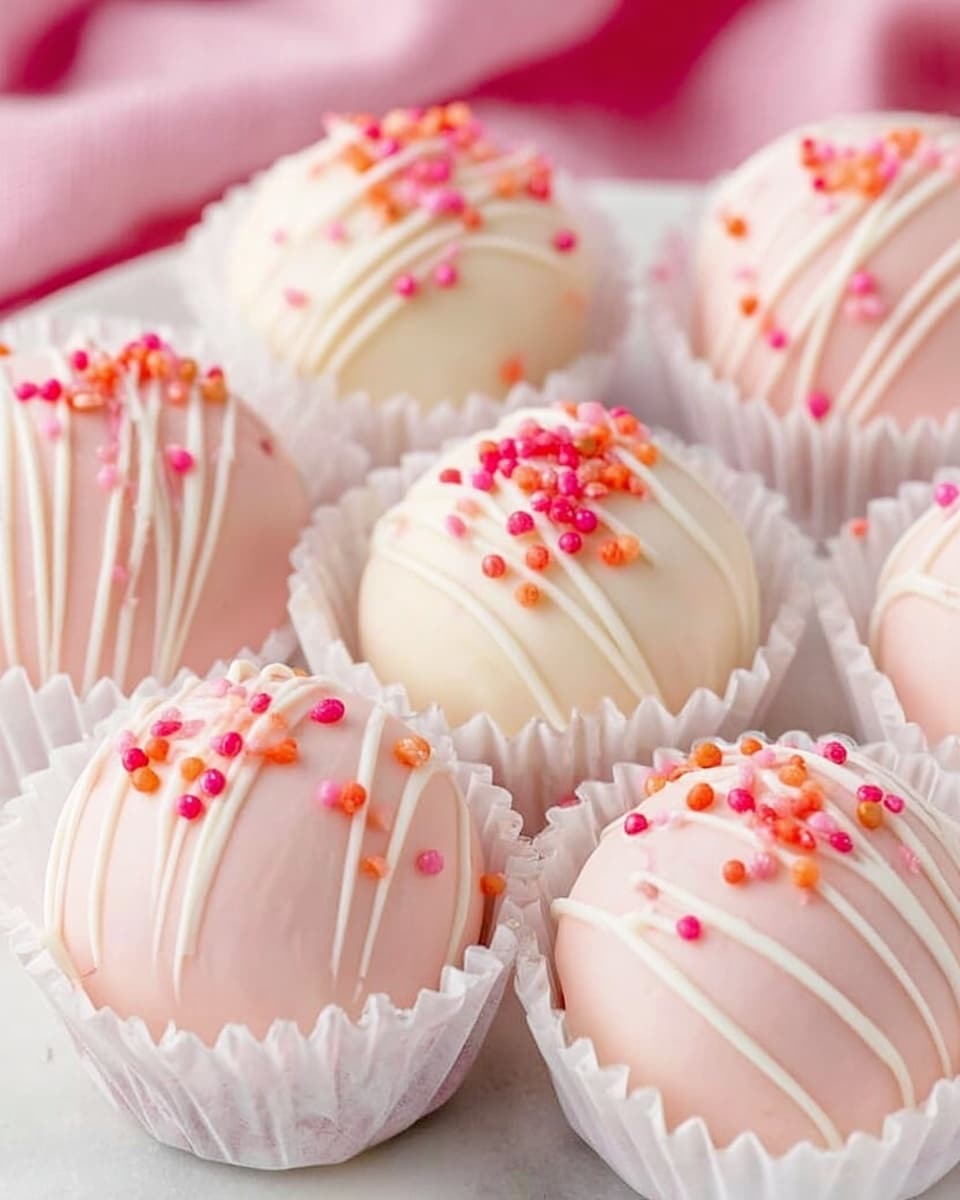 The image shows a close-up of several round truffles in white paper cups, arranged closely together. Each truffle has a smooth surface with either light pink or white coating and delicate white drizzle lines running across the top. Small round sprinkles in red, pink, and orange colors are scattered on top of each truffle, giving a colorful accent. The background is a soft pink cloth, but the surface beneath is a white marbled texture. photo taken with an iphone --ar 4:5 --v 7