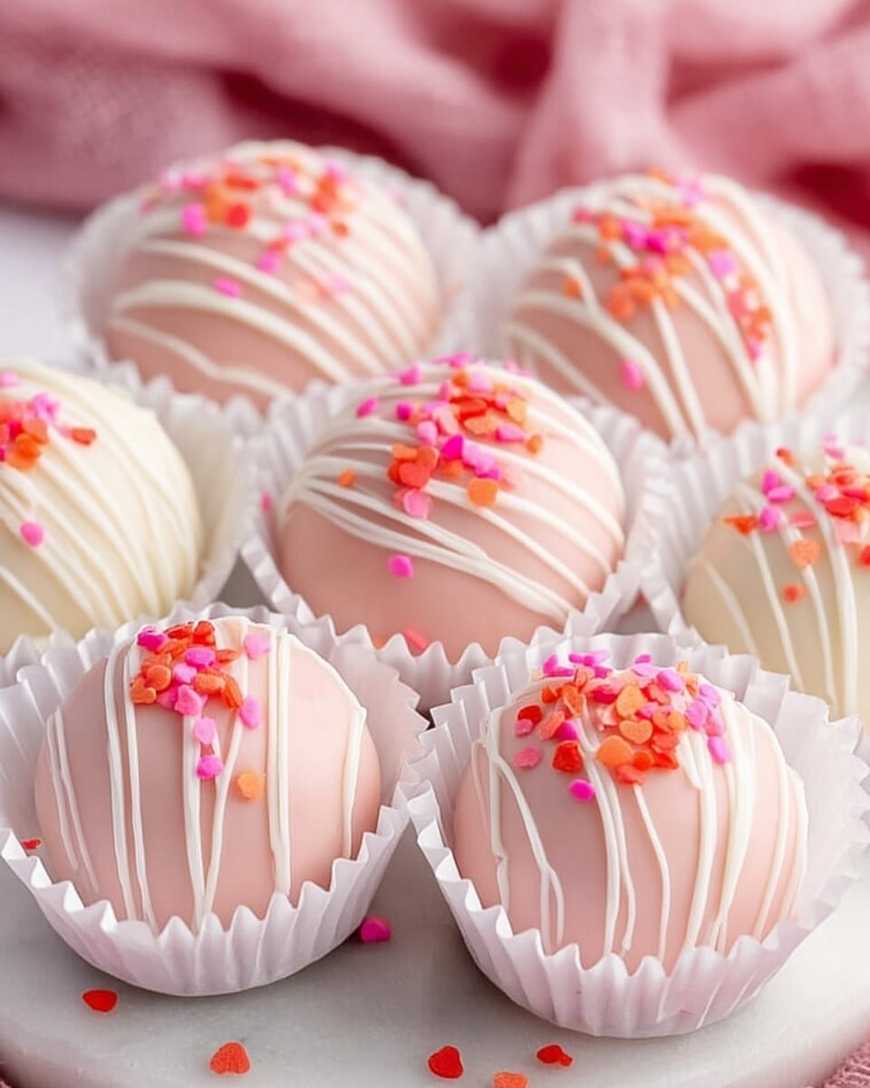 The image shows a group of smooth, round cake balls each placed inside white paper cups. The cake balls are in soft pastel colors: some are light pink and others are white. Each cake ball has thin white drizzle lines running across its surface in a wavy pattern. Small round sprinkles in red, pink, and orange colors are scattered on top of each ball, adding a bright and colorful touch. The cake balls are arranged closely together on a white marbled surface with a soft pink fabric blurred in the background. photo taken with an iphone --ar 4:5 --v 7