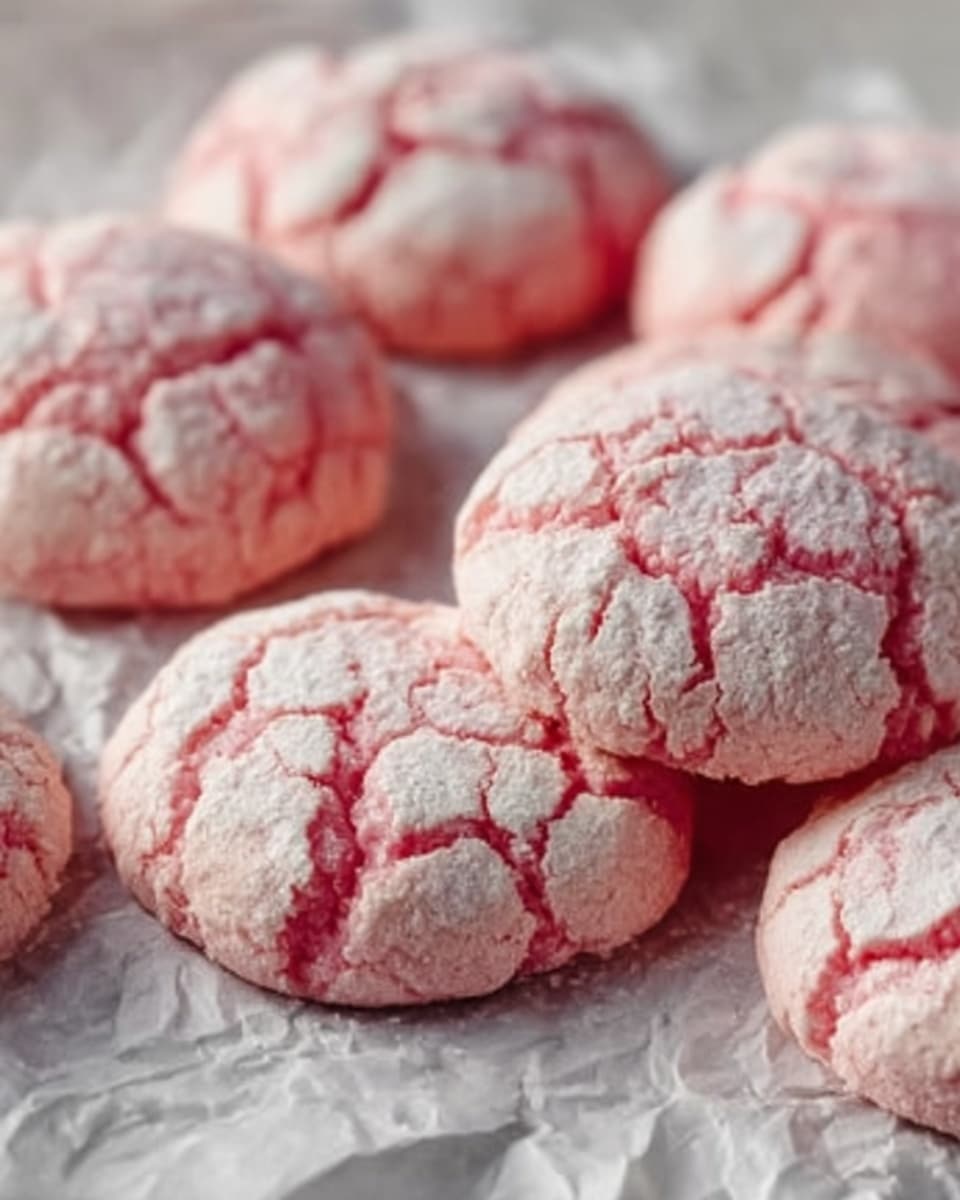 The image shows a close-up of soft, pink cookies with cracked tops resting on white parchment paper. Each cookie has a rough, crinkly surface with a mix of darker pink cracks and lighter pink parts, giving them a cracked, powdered look. The cookies are round, slightly thick, and placed close to each other, filling the frame with a cozy, fresh-baked feel. The background is a white marbled texture. Photo taken with an iphone --ar 4:5 --v 7