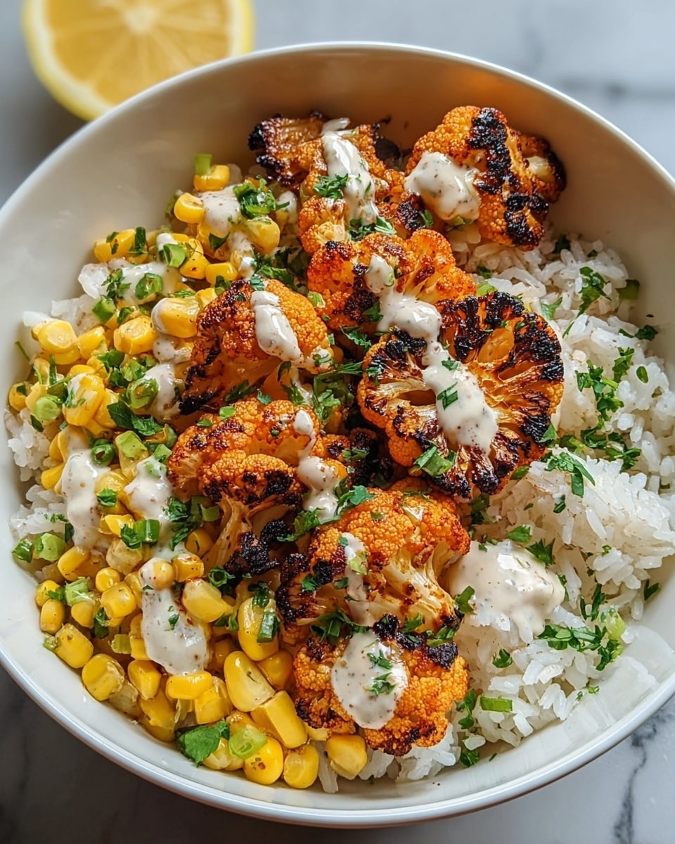 A white bowl filled with three layers: the bottom layer is soft white rice, the middle layer is bright yellow corn kernels mixed with some chopped green herbs, and the top layer is grilled cauliflower pieces with dark char marks and a reddish-orange spice coating. The cauliflower is drizzled with a creamy light sauce and sprinkled with chopped green herbs for freshness. The bowl is set on a white marbled surface with a lemon wedge slightly blurred in the background. photo taken with an iphone --ar 4:5 --v 7