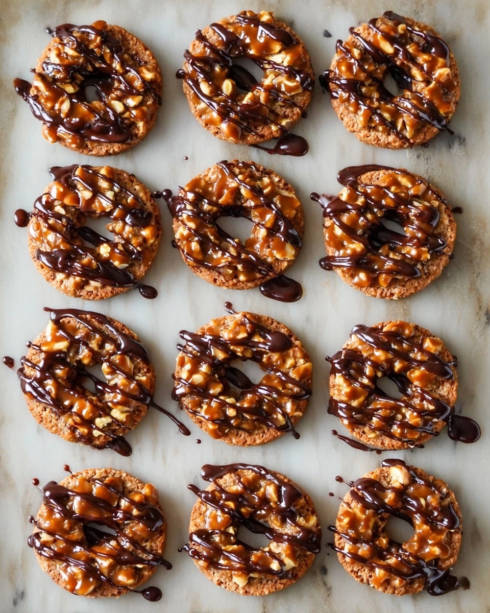 The image shows fifteen round cookies arranged in a 3 by 5 grid on a white marbled surface, each cookie having three rough textured layers. The base layer is a light brown cookie ring, the second layer is a glossy caramel-colored nut topping with visible chunks, and the top layer is a drizzle of dark chocolate sauce swirled evenly over the nuts, with some drops around the cookies on the surface. Photo taken with an iphone --ar 4:5 --v 7