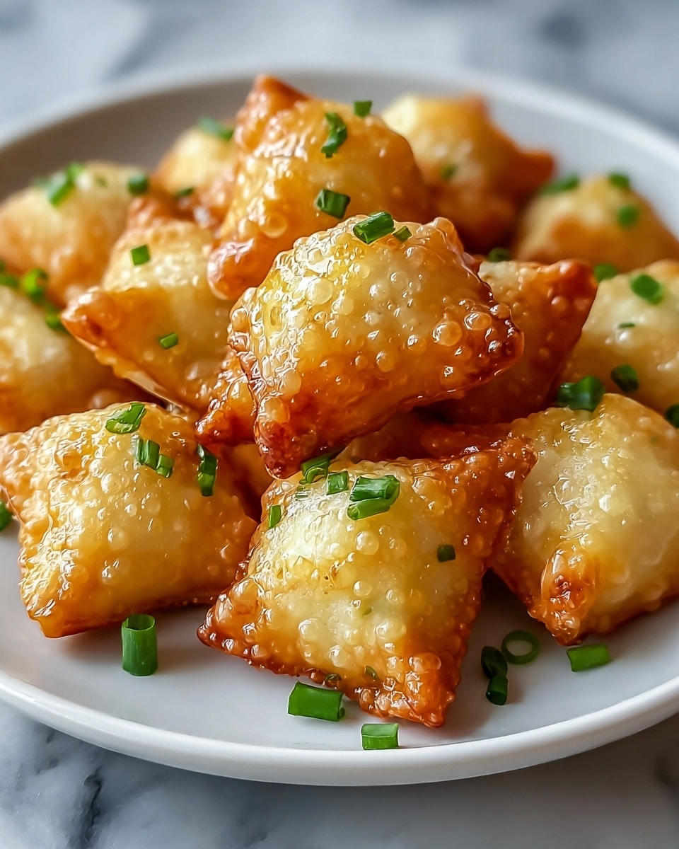 A white plate filled with two layers of golden brown fried dumplings that have a slightly bubbled, crispy texture on the outside, each dumpling shaped like a small pyramid with pointed tops. The dumplings are topped with small, bright green chopped scallions scattered over them. The plate sits on a surface with a white marbled texture. photo taken with an iphone --ar 4:5 --v 7