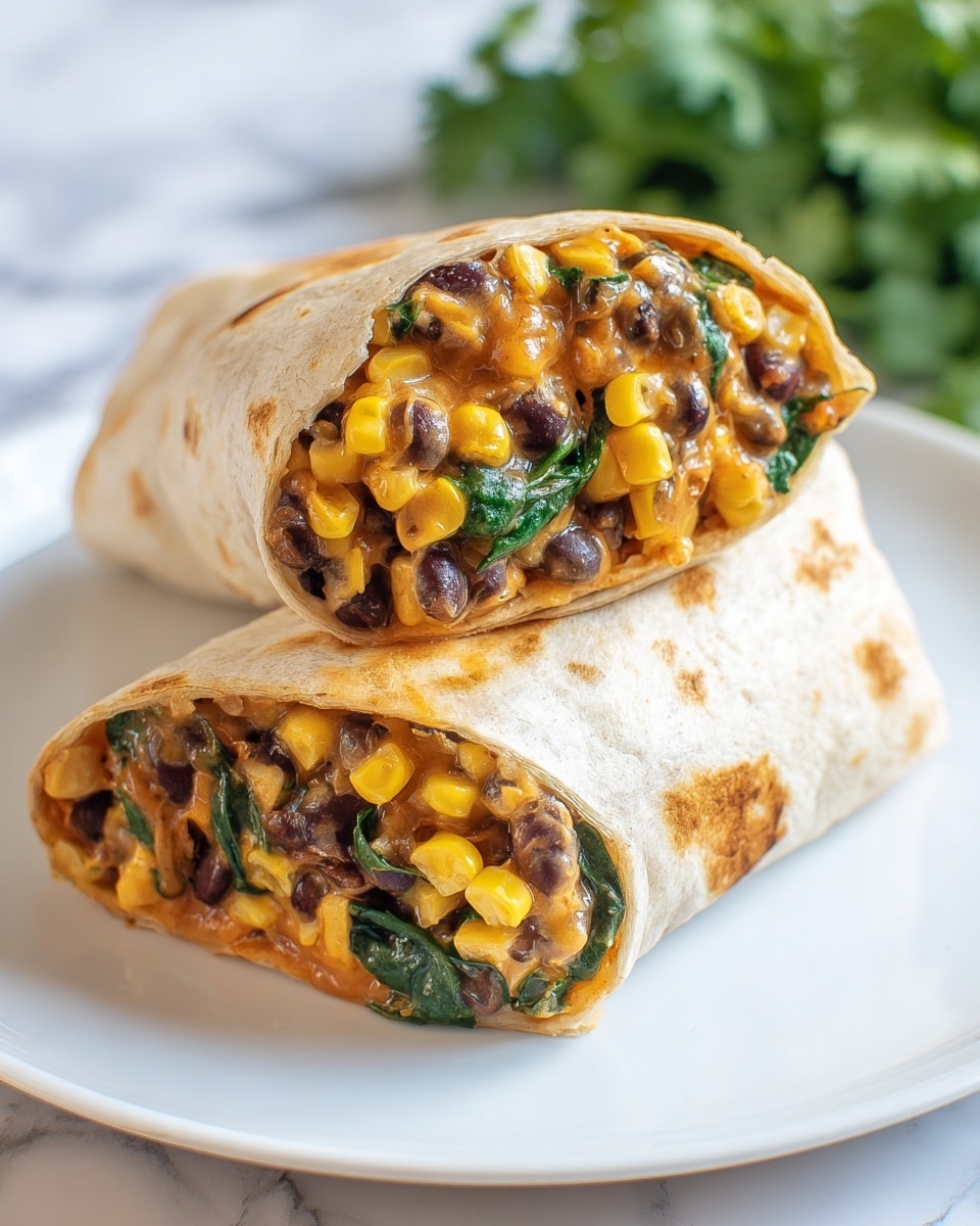 A white plate holds two halves of a soft tortilla wrap stacked on top of each other, cut to show the inside. Each wrap has three clear layers: the outer light beige tortilla, a middle mix of black beans and bright yellow corn, and a top layer of creamy, melted orange cheese mixed with chopped fresh green herbs. The texture inside looks moist and melty, with a mix of soft, creamy, and slightly firm bean and corn pieces. The plate sits on a white marbled surface with some blurred green herbs in the background. photo taken with an iphone --ar 4:5 --v 7