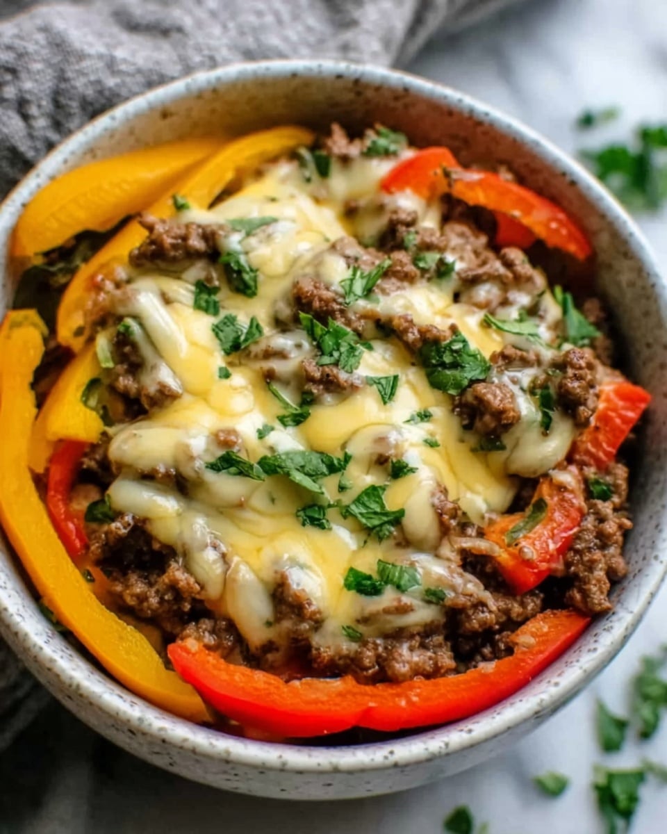 A white bowl filled with three layers: the bottom layer is sliced red, yellow, and green bell peppers with a smooth texture, above that is a layer of cooked, thinly sliced brown beef strips with a slightly crispy look, and on top is a melted, creamy white cheese covering the beef partially, garnished with small pieces of green herbs. The photo taken with an iphone --ar 4:5 --v 7