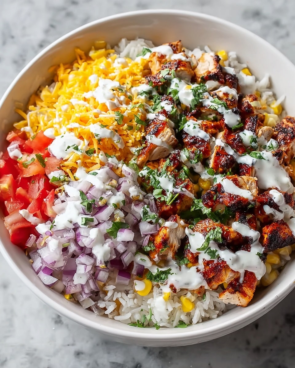 A white bowl filled with a layered grilled chicken burrito bowl. The bottom layer is white rice mixed slightly with yellow corn kernels. Above that is a layer of grilled chicken pieces with a slightly charred brown and reddish surface. Next to the chicken, bright shredded orange cheddar cheese sits. Finely chopped red onions with a purple hue cover another section, and finely chopped red tomatoes are partially visible. The bowl is drizzled generously with white creamy dressing and a bit of red hot sauce, sprinkled with fresh chopped green cilantro on top. The bowl is placed on a white marbled textured surface. photo taken with an iphone --ar 4:5 --v 7