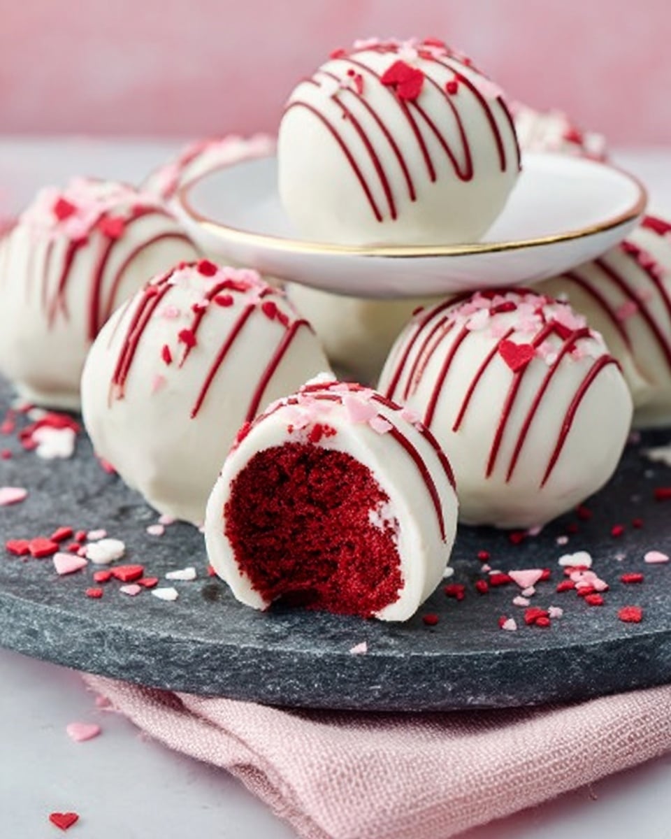The image shows round red velvet truffles with a smooth white coating. Each truffle is decorated with swirls of white drizzle on top, and small pink, red, and white heart-shaped sprinkles are scattered over the drizzle. One truffle in the front has a bite taken out, revealing a deep red, moist, and soft inside. The truffles are placed on a round dark slate serving board with some heart sprinkles scattered around. In a close-up below, a single truffle sits on a white plate with a thin gold rim, all set on a soft pink cloth. The background has a white marbled texture. Photo taken with an iphone --ar 4:5 --v 7