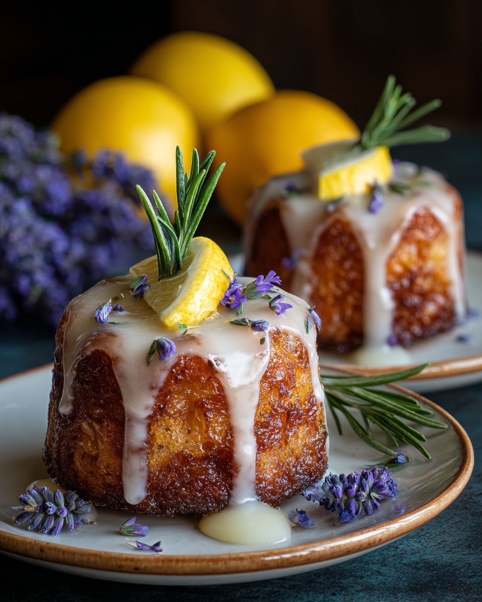 Two small bundt cakes with a golden brown crust sit side by side on a white oval plate. Both cakes are drizzled with a smooth, shiny white glaze that trickles down the ridges and pools on the plate. Each cake is topped with small yellow lemon wedges and a sprig of green rosemary. Purple lavender flowers are scattered on and around the cakes, adding bright violet spots of color. The plate rests on a white marbled surface, with blurred whole lemons and bunches of lavender visible in the background. photo taken with an iphone --ar 4:5 --v 7