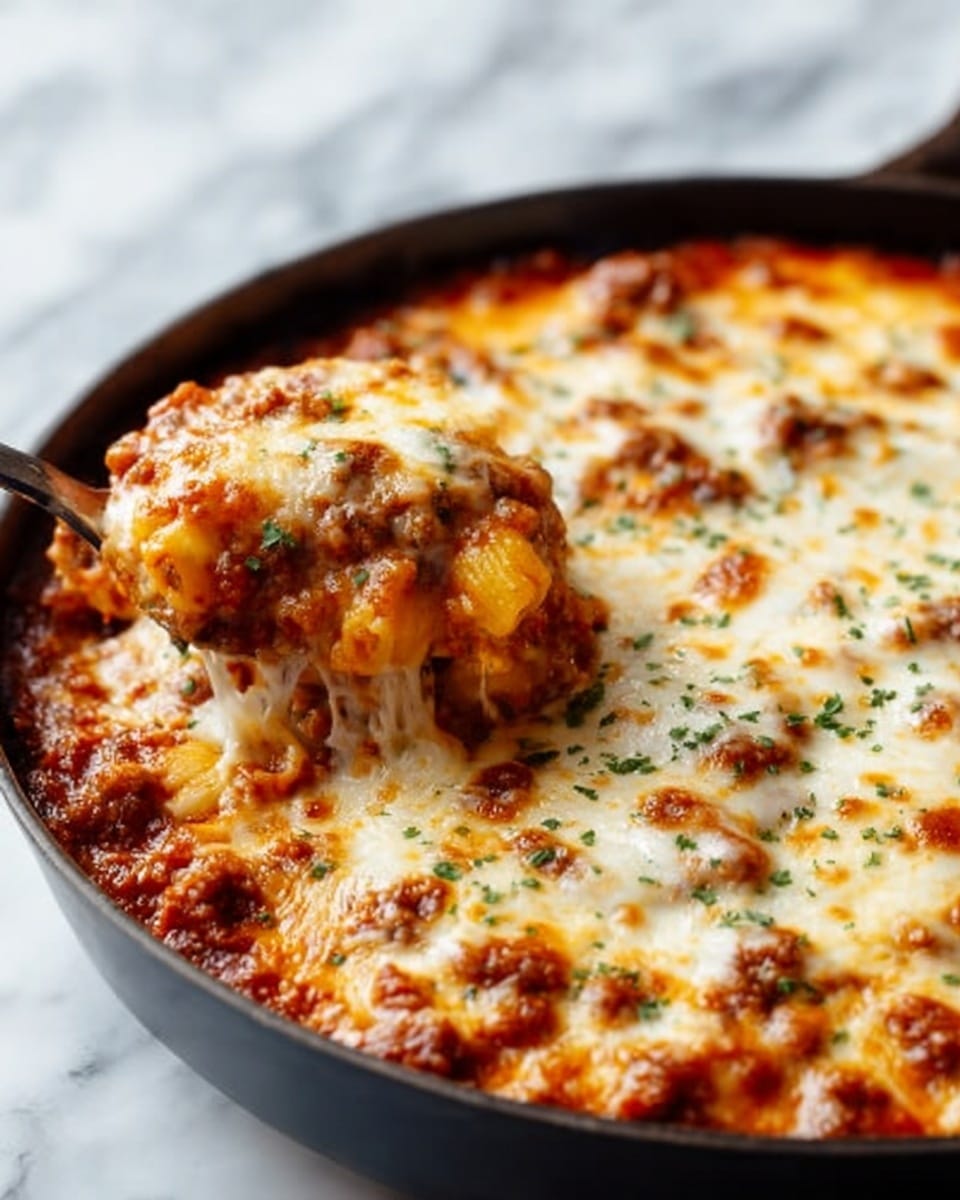 A round black pan filled with a baked dish that has a top layer of melted golden-brown cheese scattered with small green herb pieces, beneath which there are visible layers of a thick tomato sauce and browned meat chunks, showing some texture and bubbling cheese edges. A spoon rests inside the pan on a white marbled surface. The cheese looks gooey and slightly crispy in some spots, covering the entire surface evenly. photo taken with an iphone --ar 4:5 --v 7