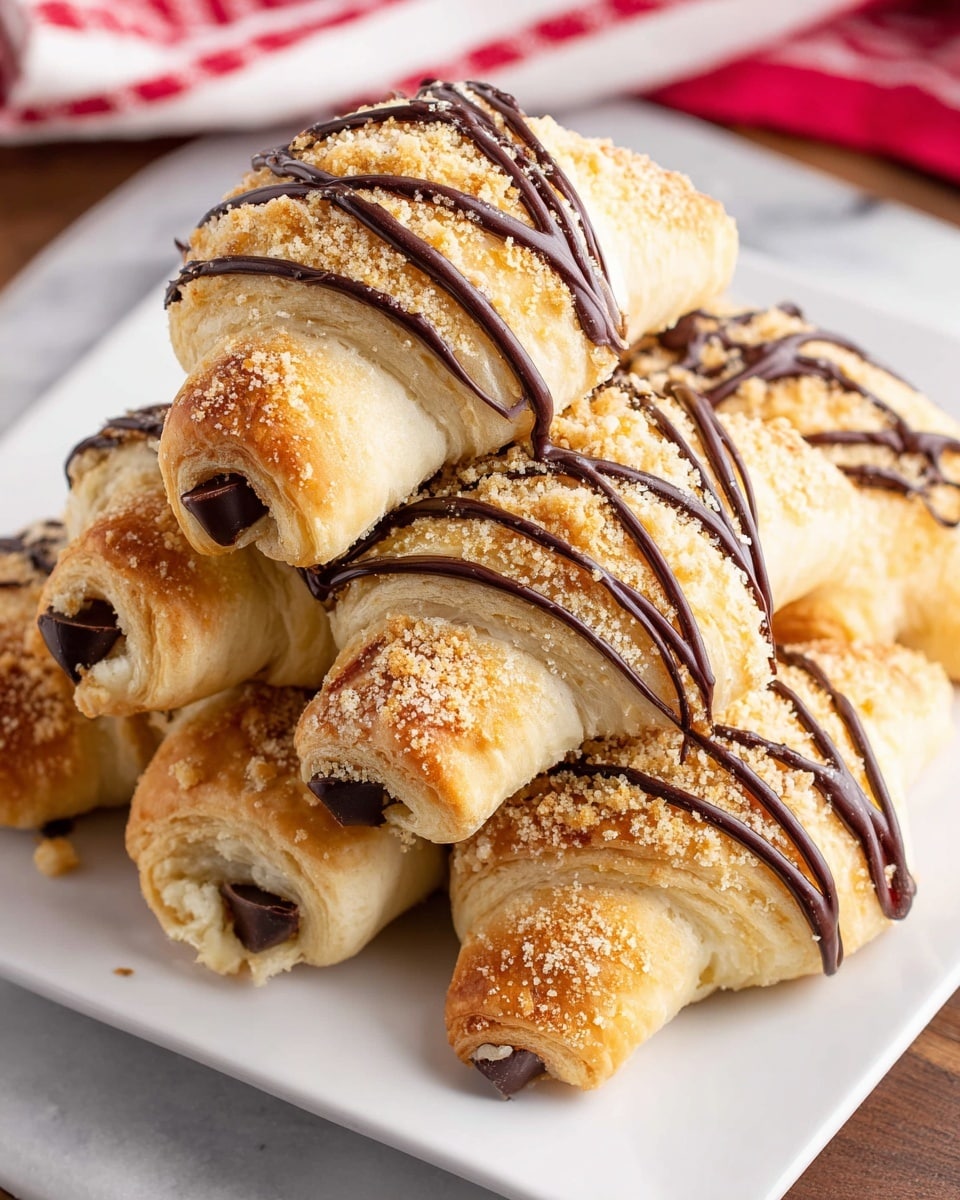 A white plate stacked with five light golden brown crescent rolls, each having a slightly flaky texture and a slightly curved triangular shape. The rolls are drizzled with thin dark brown chocolate lines spread across the top layer in a crisscross pattern. On top of the chocolate drizzle, there is a sprinkling of fine, light tan crumbs, adding a grainy texture contrast. Each crescent roll’s end is slightly open, showing a small dollop of white cream and a dark chocolate piece peeking out. The plate is set against a white marbled surface with a red and white checkered cloth partially visible in the background. photo taken with an iphone --ar 4:5 --v 7