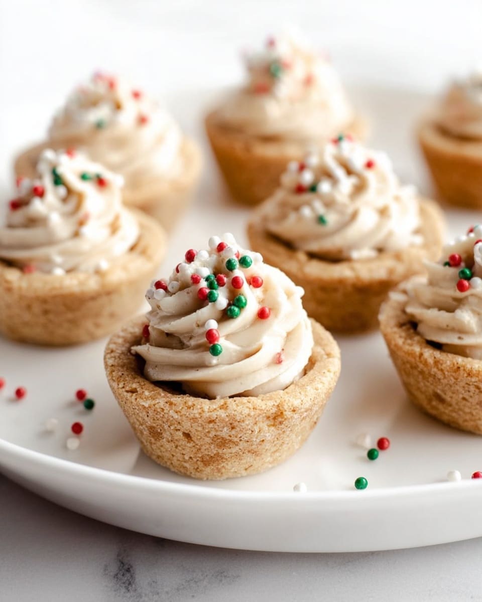 The image shows several small cookie cups arranged on a white plate, each about two layers: the first layer is a golden brown, crumbly cookie cup base with a rough texture, and the second layer is a swirl of light brown creamy frosting on top. The frosting is decorated with tiny red, green, and white round sprinkles scattered both on the frosting and around the plate. The background is a white marbled texture. photo taken with an iphone --ar 4:5 --v 7