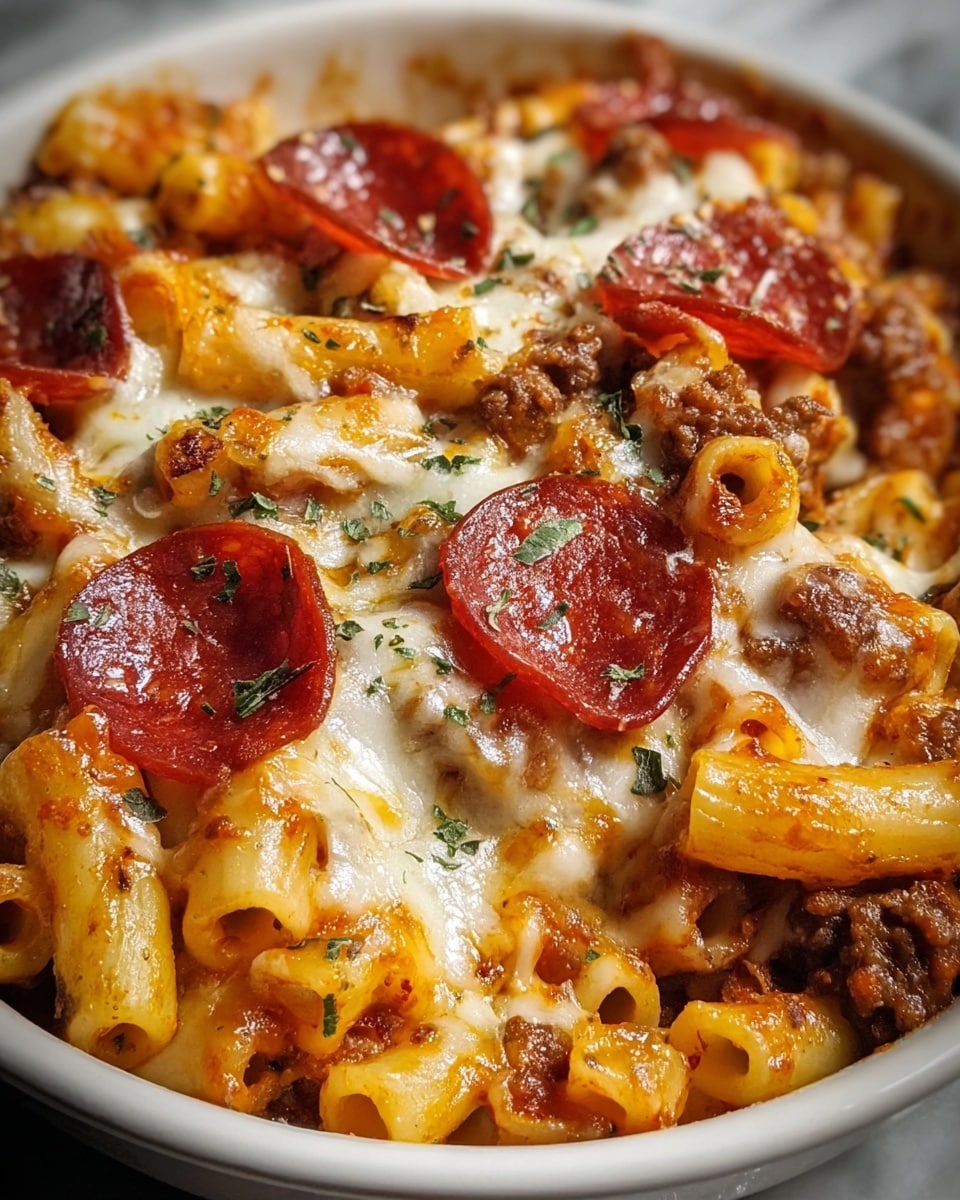 A close-up of a dish in a white bowl, showing three main layers: at the bottom, cooked elbow pasta in a light orange sauce; in the middle, browned sausage pieces mixed throughout; on top, a layer of melted white cheese with visible herbs sprinkled over and round slices of red pepperoni evenly placed. The cheese looks slightly browned and gooey, blending with the pasta and meat underneath. The white marbled texture serves as the background. photo taken with an iphone --ar 4:5 --v 7