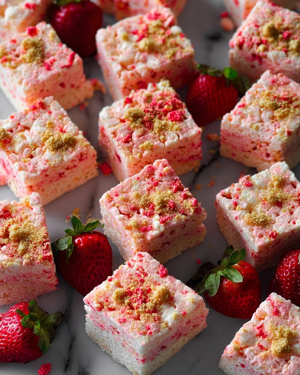 This image shows several square-shaped rice crispy treats with a pink and pale beige color mix, topped with scattered pink and light yellow crunchy bits. The treats are thick, with one visible layer of the crispy mixture. They are arranged closely together on a white marbled textured surface. Among the treats, whole fresh strawberries with green leaves are placed, adding a bright red and green contrast. The overall scene gives a colorful and textured look with soft lighting. photo taken with an iphone --ar 4:5 --v 7