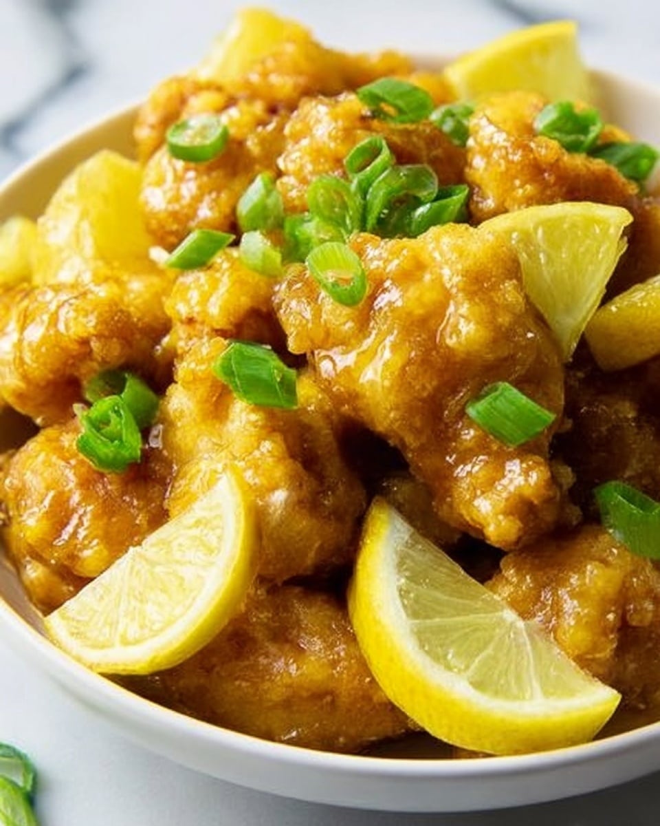 A close-up image shows a white bowl filled with golden-brown fried chicken pieces coated in a shiny, light yellow sauce. Scattered on top are small bright green chopped scallions and several small lemon wedges with pale yellow flesh and white rinds, adding fresh contrast to the dish. The bowl sits on a white marbled surface, and the photo captures the glossy texture and vibrant colors clearly. photo taken with an iphone --ar 4:5 --v 7