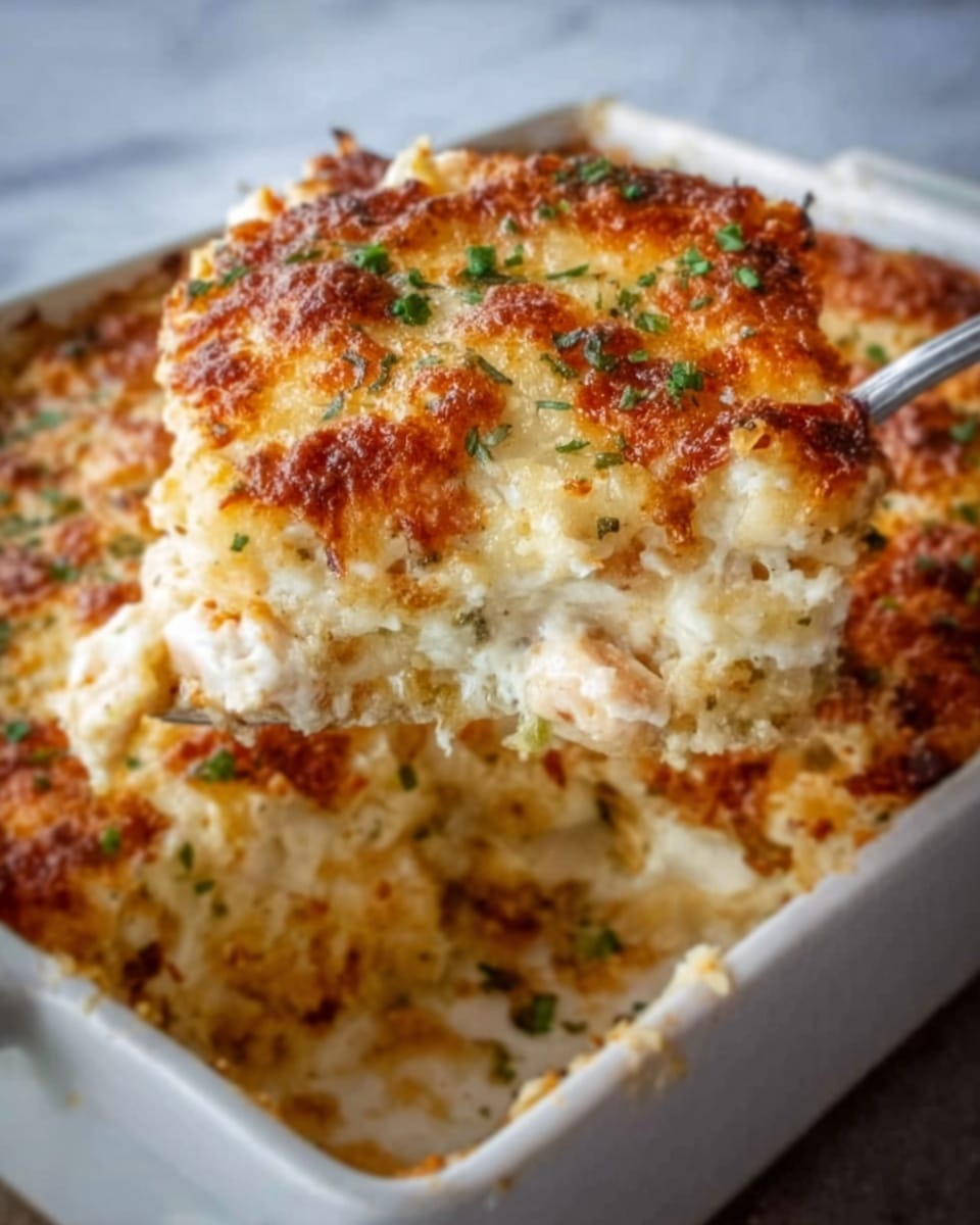 The image shows a close-up of one square piece of baked casserole with a golden brown and slightly crispy cheese layer on top, sprinkled with small green herb bits. The piece has a thick, creamy inside with white chunks of chicken mixed in, held by a silver utensil. The dish is sitting in a white rectangular baking dish, placed on a white marbled surface. The top layer has a rough and bubbly texture from the melted cheese. Photo taken with an iphone --ar 4:5 --v 7