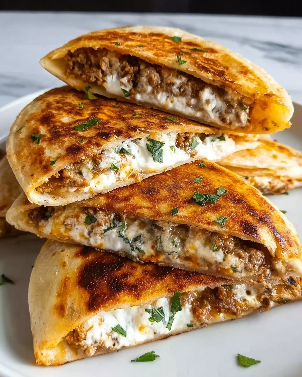 The image shows three quesadilla pieces stacked on a white plate with a white marbled background. Each quesadilla has two layers of golden-brown, slightly crispy tortilla with a visible filling of white cheese mixed with green herbs and a light brown meat mixture. The top quesadilla is cut in half to reveal the creamy and textured filling inside. The surface of the tortillas has some darker toasted spots with small green herb bits scattered on top. Photo taken with an iphone --ar 4:5 --v 7