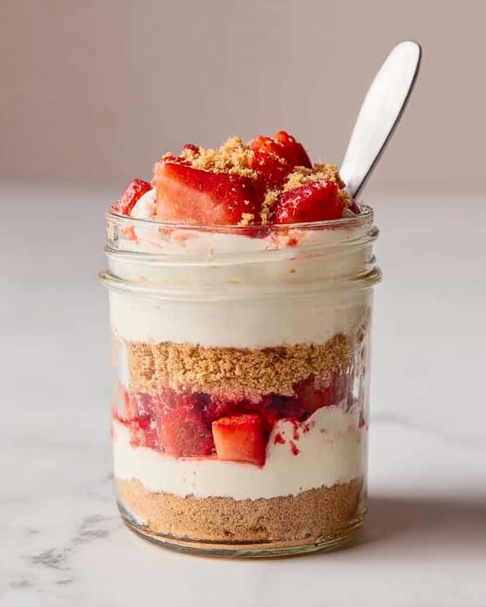 A clear glass jar shows five distinct layers: at the bottom, a crumbly, light brown biscuit layer, followed by a thick, smooth white cream layer, then another crumbly biscuit layer above it, topped with a bright red strawberry layer with small pieces visible, and finished with a white cream layer dotted with fresh strawberry slices and crumbs. A white spoon is sticking out from the top. The jar sits on a white marbled surface. photo taken with an iphone --ar 4:5 --v 7