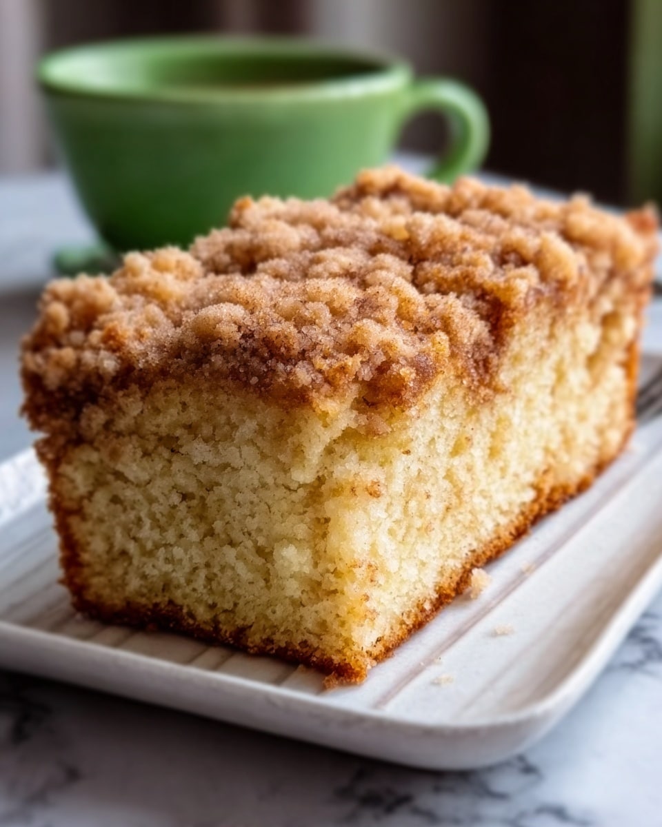 A close-up photo of a thick rectangular slice of cake with a golden-brown crumbly top layer, showing a soft, light beige inside with small air holes. The cake sits on a long white plate with clean edges, placed on a white marbled surface. In the background, there is a blurry green cup adding a pop of color. The cake looks moist and freshly baked. Photo taken with an iphone --ar 4:5 --v 7