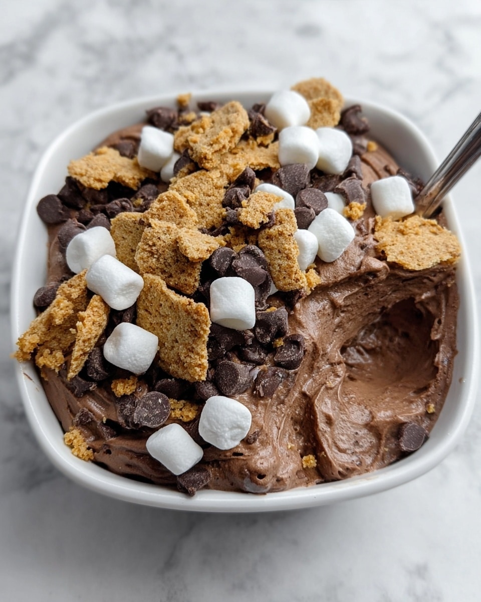 The image shows a white square bowl filled with three layers of dessert, starting with a thick, creamy chocolate mousse base that looks smooth and fluffy. On top, scattered marshmallows in white, some whole and some a bit squished, add a soft texture. Dark chocolate chips are spread evenly, giving a shiny and rich touch. Crumbled pieces of light brown graham cracker clusters are sprinkled all over, adding a crunchy contrast. A metal spoon is partially dipped into the dessert on the right side, sinking into the mousse under the toppings. The bowl sits on a white marbled surface. Photo taken with an iphone --ar 4:5 --v 7