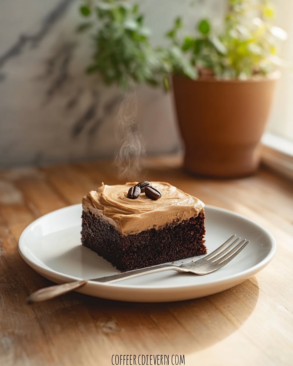 A single square piece of chocolate cake with a thick layer of light brown coffee-flavored frosting on top sits centered on a white plate. Two whole coffee beans rest on the frosting. The cake layer looks moist and dark brown with a soft, crumbly texture. A silver fork lies on the right edge of the plate. The plate is placed on a wooden table with sunlight casting shadows. In the background, there is a potted green plant and blurred kitchen elements, all set on a white marbled texture. Steam rises gently from the cake, creating a warm and fresh feel. photo taken with an iphone --ar 4:5 --v 7
