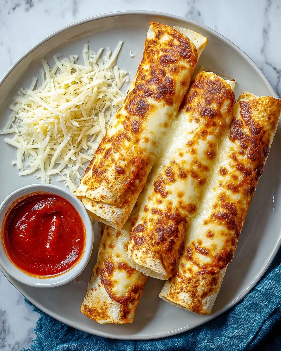 Four rolled tortillas are placed side by side on a white plate, each topped with a bubbly, golden-brown layer of melted cheese that shows some darker toasted spots. To the left of the tortillas, there is a small white bowl filled with bright red tomato sauce, next to a small pile of shredded white cheese scattered on the plate. The plate rests on a white marbled surface with a textured blue cloth napkin beside it. Photo taken with an iphone --ar 4:5 --v 7