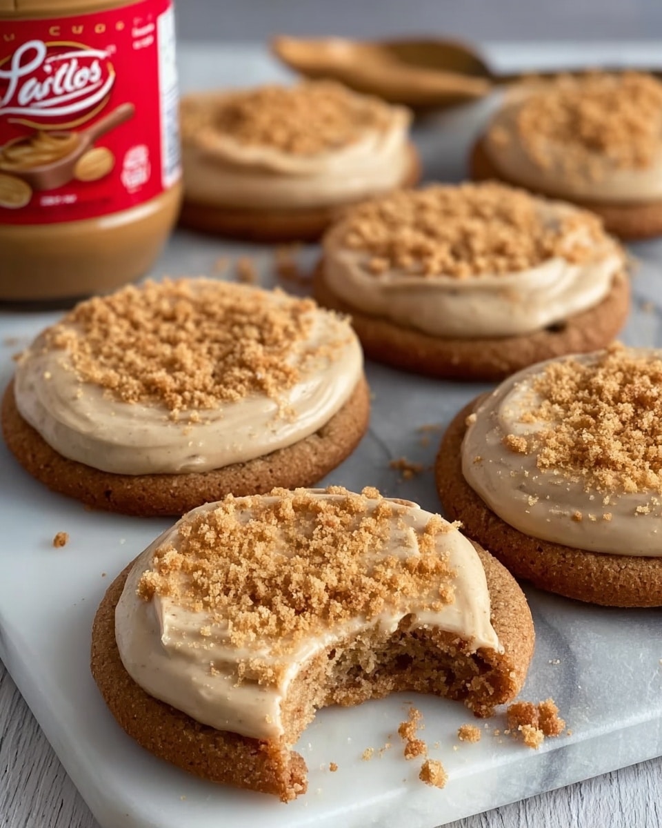 The image shows six round cookies with a thick base layer of brown cookie dough, topped with a thick layer of light beige creamy frosting swirled on top, sprinkled with crushed cookie crumbs in a darker brown color. One cookie in the front has a bite taken out of it, revealing the soft texture of the cookie base. The cookies are placed on a light wooden surface, with a red jar of Lotus Biscoff spread visible in the background. Cookie crumbs are scattered around the cookies on the surface. photo taken with an iphone --ar 4:5 --v 7