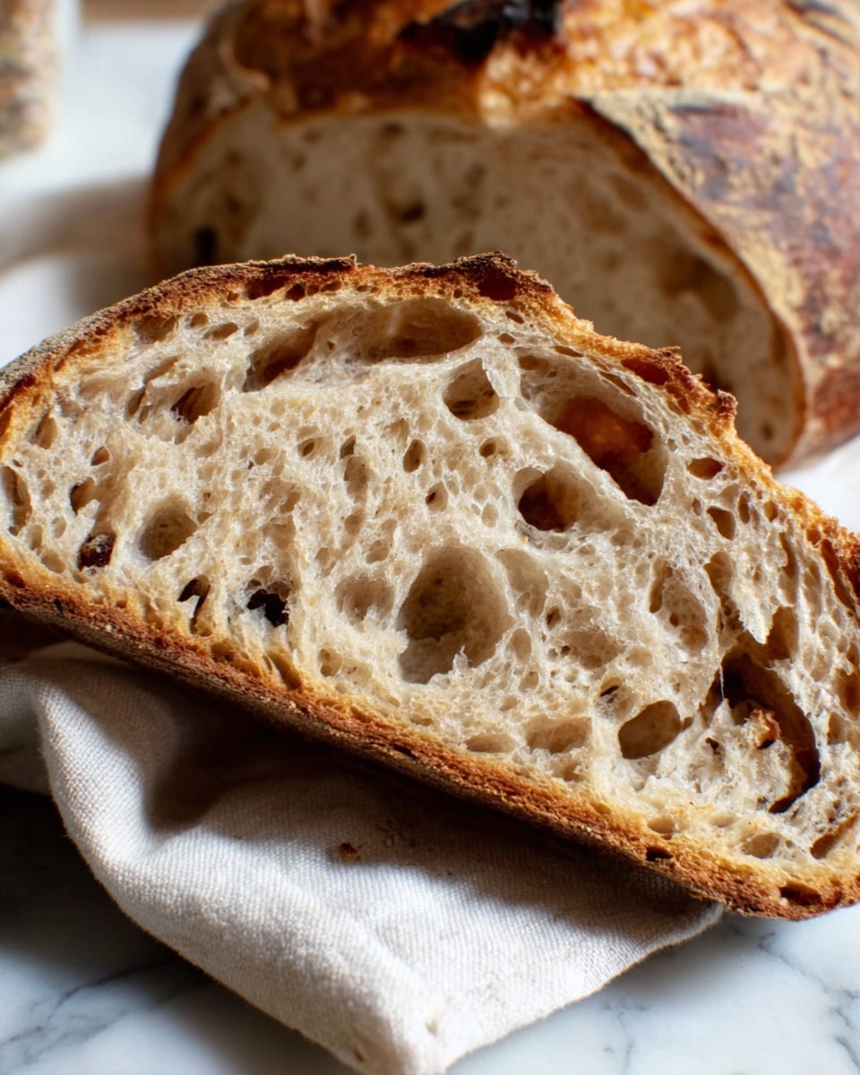 The image shows a close-up of a thick slice of sourdough bread with a light tan crust and an airy, open crumb full of large holes. The bread slice rests on a white cloth, with part of a toasted whole loaf visible in the background. The crust is slightly browned with a rustic texture, while the inside is soft and porous. The overall scene is set on a white marbled surface. Photo taken with an iphone --ar 4:5 --v 7