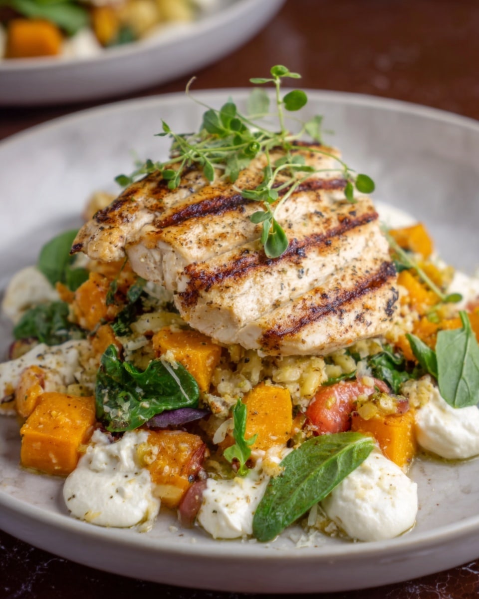 A white plate holds a colorful layered dish. The bottom layer consists of green spinach leaves, topped with roasted orange pumpkin cubes and bright red cherry tomatoes. On top of this, there is a generous layer of creamy white cheese dollops scattered around. The main focus is a golden-brown grilled chicken breast with visible grill marks, placed in the center. The dish is finished with small sprigs of green fresh thyme scattered on top. The background is a white marbled texture. Photo taken with an iphone --ar 4:5 --v 7