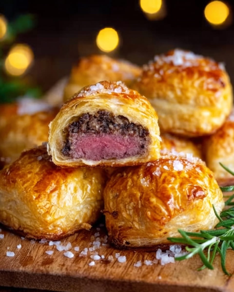 The image shows several golden-brown pastry pockets placed on a wooden board with coarse salt sprinkled on top. One pastry is cut in half and placed on top, revealing three layers inside: the outer flaky golden crust, a darker, crumbly middle layer, and a pink, tender meat core at the center. There is a small sprig of green rosemary beside the pastries, adding a fresh touch. The background has soft warm lights creating a cozy feel. photo taken with an iphone --ar 4:5 --v 7