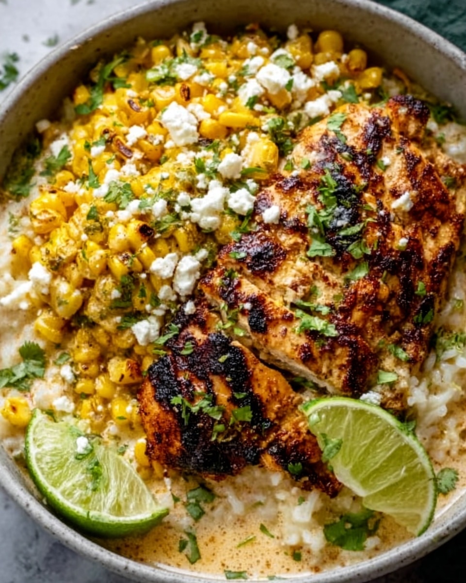 A white bowl on a white marbled surface holds a colorful dish with three main layers: the bottom layer is green and fresh-looking, covered with bright yellow corn kernels scattered evenly; on top is a creamy, light beige sauce drizzled generously, mixed with bits of white cheese; the top layer features a piece of grilled chicken with a browned, slightly crispy texture, garnished with small green herbs and a wedge of lime on the right side. photo taken with an iphone --ar 4:5 --v 7