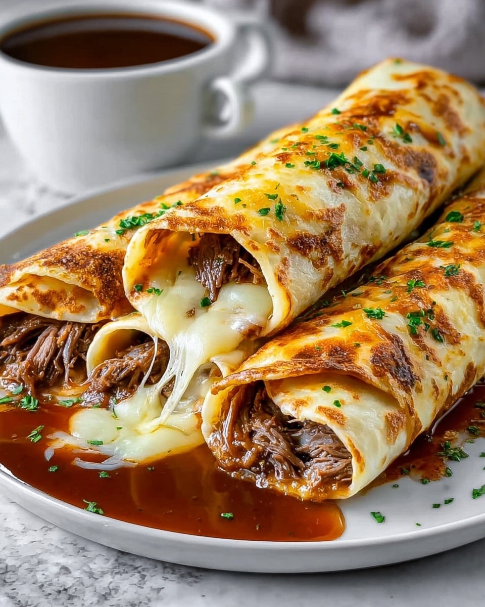 The image shows a white plate with three rolled crepes on a white marbled surface. Each crepe is golden brown with a slightly crispy texture on the outside and is filled with shredded dark brown meat and melted white cheese oozing out from the ends. The crepes are sprinkled with small green herbs on top. Around the plate, there is a pool of dark brown sauce adding shine and moisture to the dish. In the background, there is a white cup filled with a thick dark sauce. photo taken with an iphone --ar 4:5 --v 7