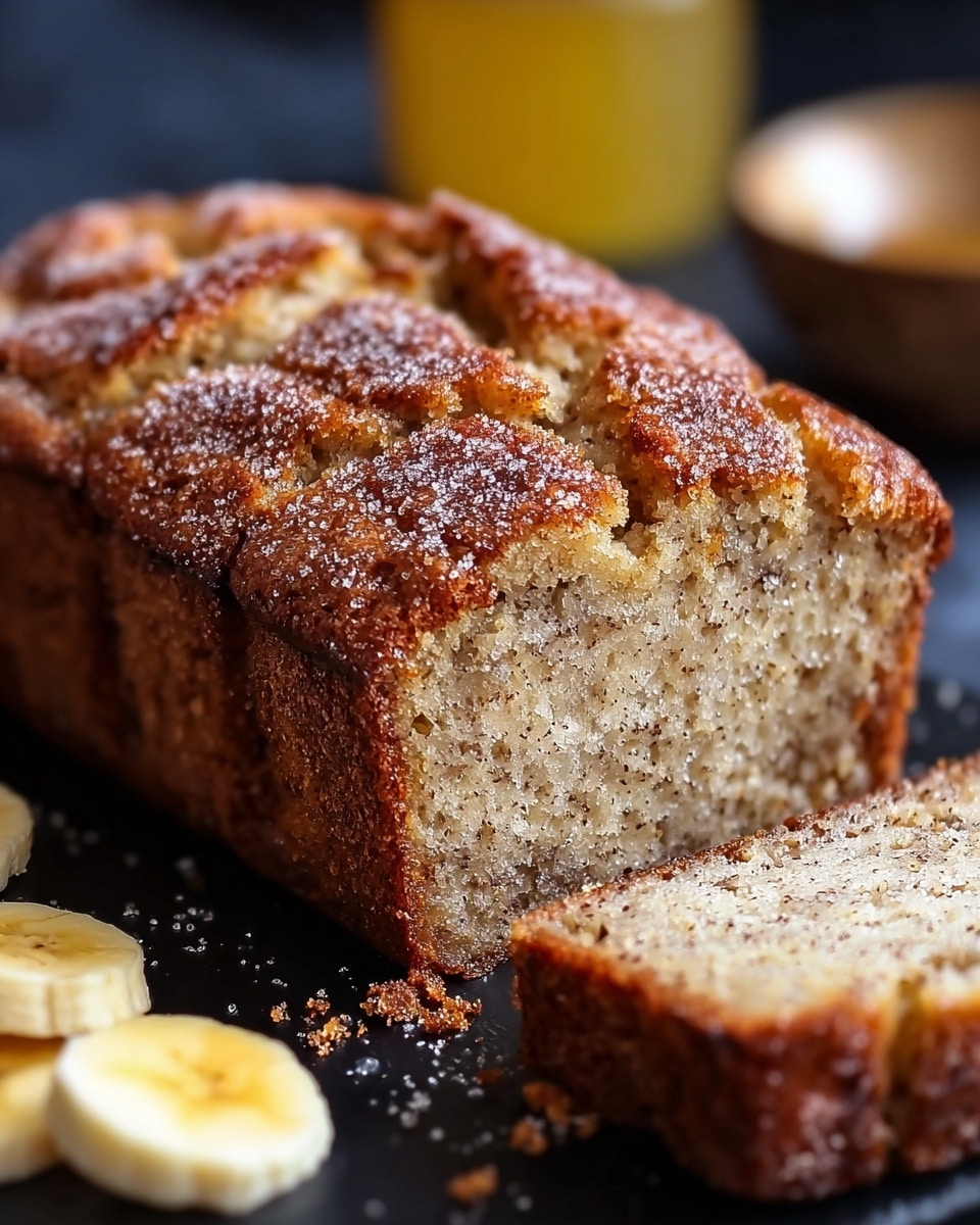 The image shows a close-up of a banana bread loaf with a golden brown crust and a soft, light beige inside speckled with tiny darker bits, likely banana or spices. The top has a crispy, cracked texture sprinkled with coarse sugar, creating a slight sparkle. The loaf is sliced, revealing the airy and moist texture inside, resting on a black surface with a few crumbs around it. In the background, blurred banana slices and a bowl with a yellow liquid are visible, adding warmth to the scene. Photo taken with an iphone --ar 4:5 --v 7