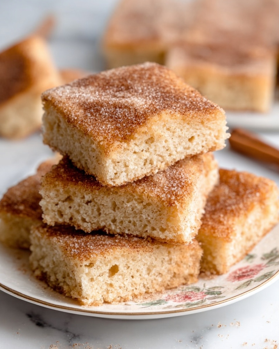 The image shows three square pieces of soft, moist cinnamon cake stacked on a white plate with a light floral design, placed on a white marbled surface. Each cake piece has a golden-brown color with a slightly crumbly texture, and the top layer is coated with a thin layer of cinnamon sugar that creates a speckled, darker brown crust. The cake looks fluffy inside with small air holes showing its lightness. There are a few other pieces blurred in the background, emphasizing the focus on the stacked trio. photo taken with an iphone --ar 4:5 --v 7