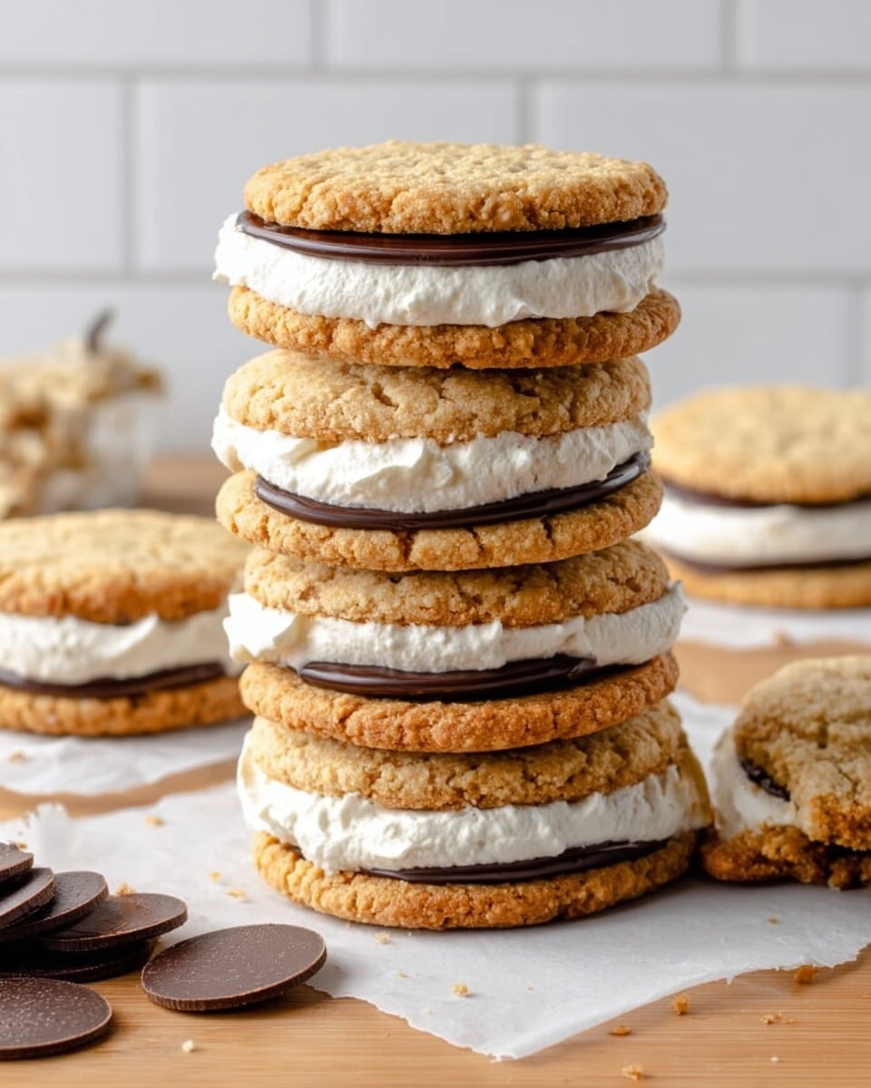 A stack of four sandwich cookies sits on crumpled parchment paper on a white marbled surface. Each cookie sandwich has two golden-brown, textured oatmeal cookies with a thick layer of fluffy white cream in the middle, topped by a thin, flat layer of dark chocolate between the cookies in the top three sandwiches. Surrounding the stack are additional sandwich cookies with the same layers and a few scattered dark chocolate pieces. The background is simple and white, showing a blurry white bowl and spoon. Photo taken with an iphone --ar 4:5 --v 7