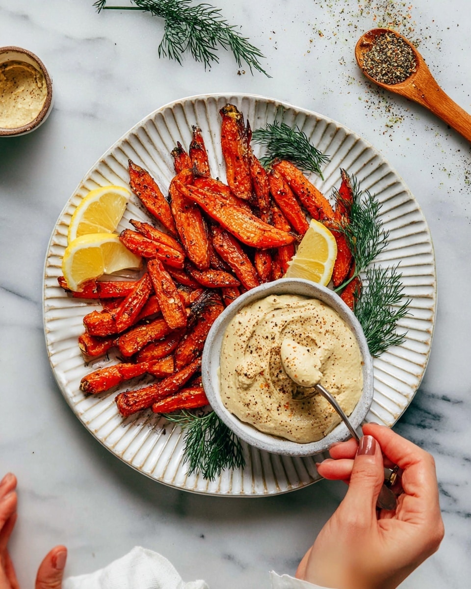 A white plate with ridged texture holds a serving of roasted baby carrots, arranged in a loose circle with dark grilled spots and a deep orange color. Around the carrots are small sprigs of fresh green herbs and two bright yellow lemon wedges with visible pulp. In the bottom center of the plate, a smaller white bowl contains a creamy dip topped with coarse ground black pepper and seeds. One woman's hand is holding the bowl while the other woman's hand is scooping the dip with a spoon. To the top right of the plate, a wooden measuring spoon filled with mixed seeds and a few scattered seeds are on a white marbled surface. photo taken with an iphone --ar 4:5 --v 7