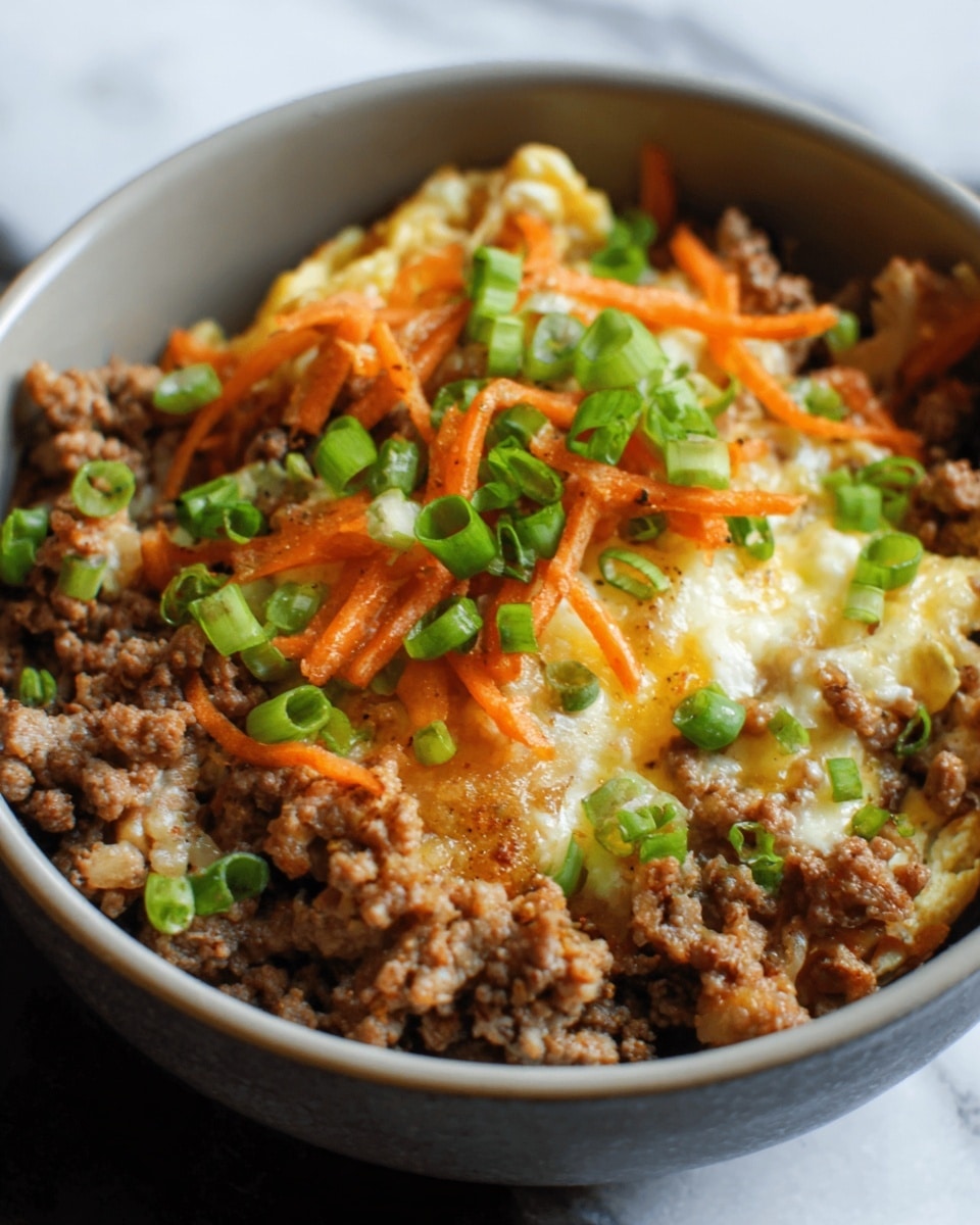 A bowl filled with a layered dish featuring a base of cooked ground meat with a brown color and crumbly texture, topped with a layer of melted cheese that is golden and slightly bubbly, scattered with thin strips of bright orange carrot and garnished with chopped fresh green onions, all in a white bowl sitting on a white marbled surface. Photo taken with an iphone --ar 4:5 --v 7