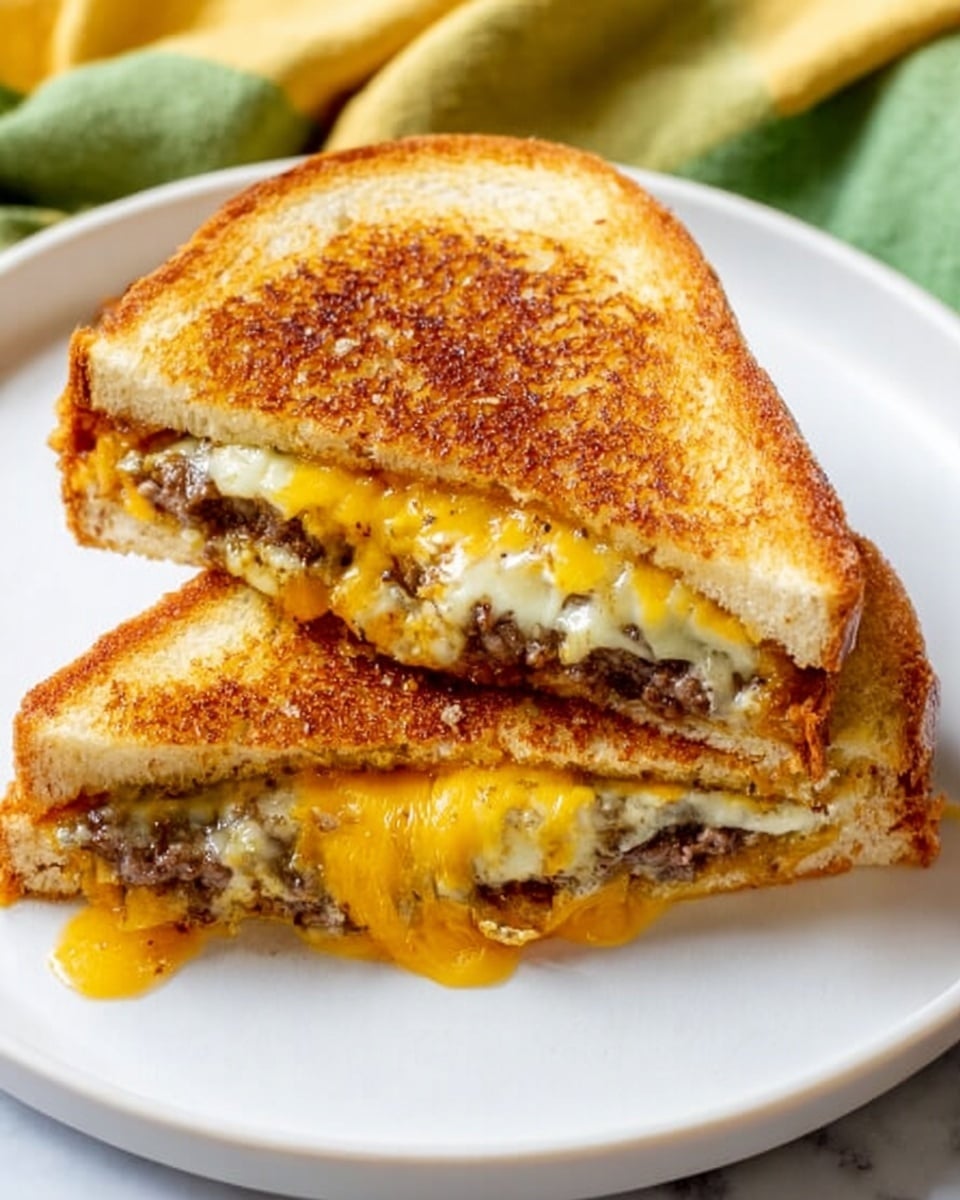 A close-up view of a grilled cheese sandwich cut diagonally into two triangles placed on a white plate with a thin dark rim, resting on a white marbled surface. The sandwich has two golden-brown toasted bread slices that are crisp and slightly oily. The top triangle is lifted showing melted yellow and white cheeses oozing out, layered above a browned hamburger patty that looks juicy and textured. The other triangle lies flat, showing the toasted bread crust with a few black pepper specks. The cheese layers show a mix of smooth melted textures with gooey stretches. The scene is bright and colorful with natural light. Photo taken with an iphone --ar 4:5 --v 7