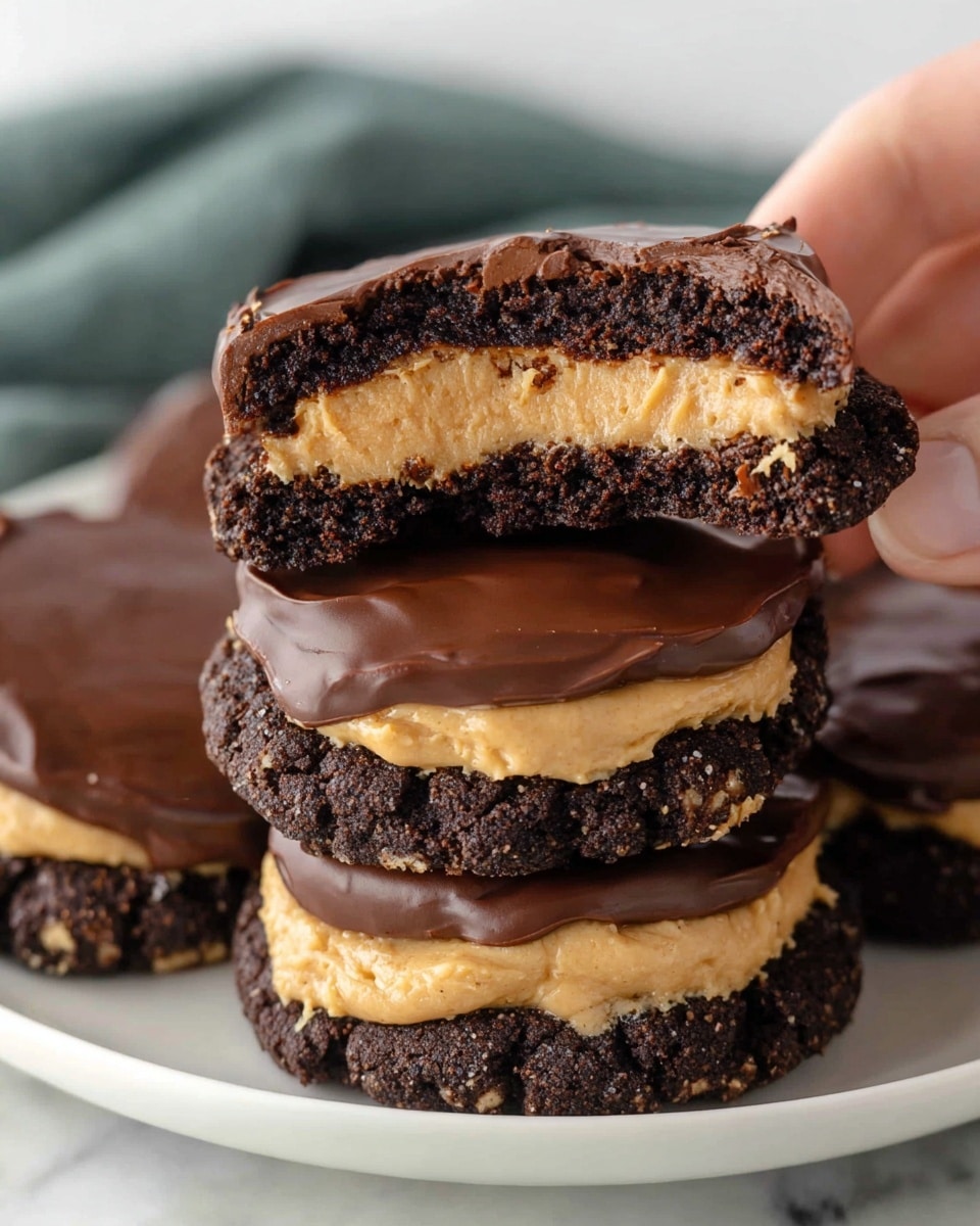 The image shows a stack of cookies on a white plate with a white marbled background. Each cookie has three visible layers: the bottom layer is a dark, rich, and slightly crumbly chocolate base; the middle layer is a thick, creamy peanut butter filling with a light tan color and smooth texture; the top layer is a shiny, smooth dark chocolate coating that covers the peanut butter layer. One cookie is broken in half and placed on top of the others, clearly showing the three layers in detail. Photo taken with an iphone --ar 4:5 --v 7