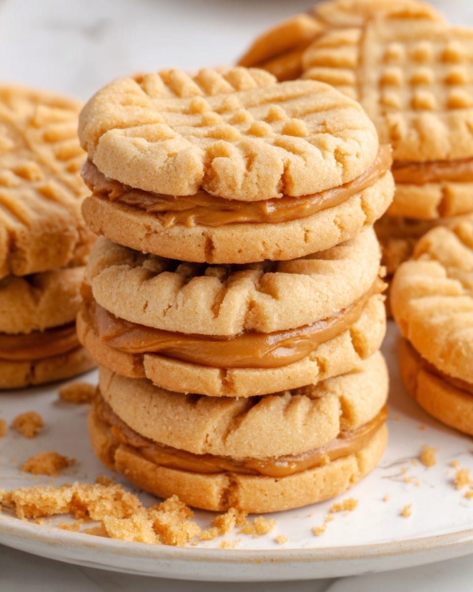 A stack of six round peanut butter cookies with a crisscross pattern on top, showing a light golden-brown color and a slightly crumbly texture. The cookies are thick and fluffy, with visible small crumbs around them on a white plate. The plate sits on a white marbled surface. photo taken with an iphone --ar 4:5 --v 7