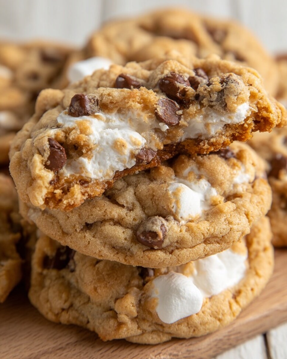 The image shows a close-up of soft, chewy cookies with a golden-brown color. Each cookie has layers of light tan dough with uneven edges, dark brown chocolate chunks scattered throughout, and white, melted marshmallow pieces that create a slightly bubbly texture on top. The cookies are stacked and overlapping, resting on a white marbled surface. The overall look is warm and inviting, with a gooey and textured appearance. photo taken with an iphone --ar 4:5 --v 7