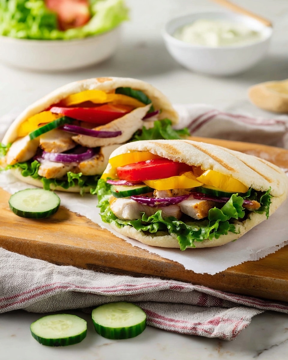 Two pita pockets cut in half show multiple fresh layers inside, all resting on a wooden board with a white cloth underneath, set on a white marbled surface. The outer layer of each pita is soft, white, and slightly puffed. Inside, the first visible layer is bright green curly lettuce, followed by slices of deep red tomato, dark green cucumber slices, and thin slices of yellow bell pepper. There are small pieces of grilled chicken with a light golden-brown color tucked inside. Thin purple slices of red onion peek out between the layers. In the background, there is a white bowl with more leafy greens and a smaller white dish of a creamy white sauce, with scattered pieces of lettuce and onion on the surface. Photo taken with an iphone --ar 4:5 --v 7